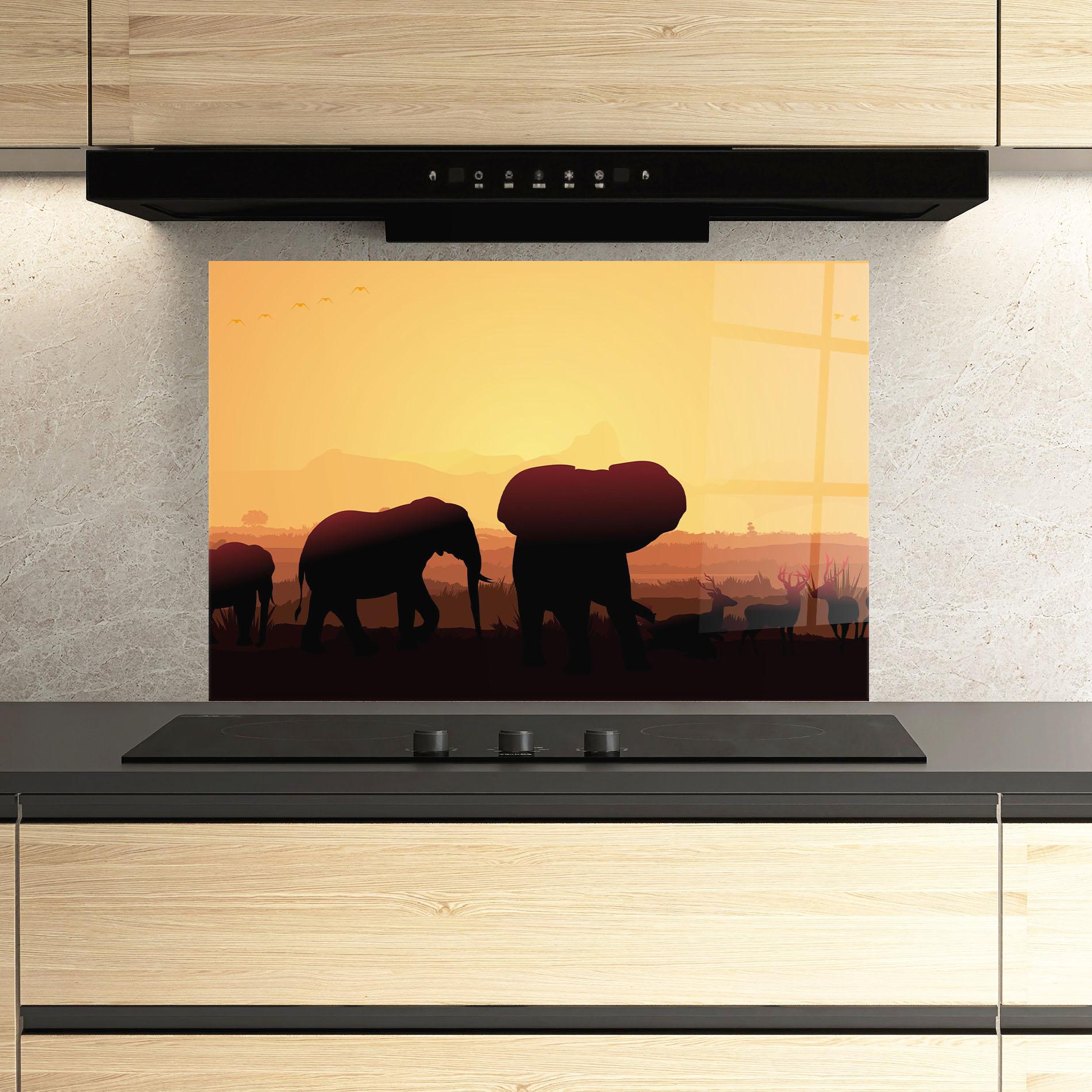 Panou Sticla Bucatarie Elephant Shilouette Sunset mockup 3