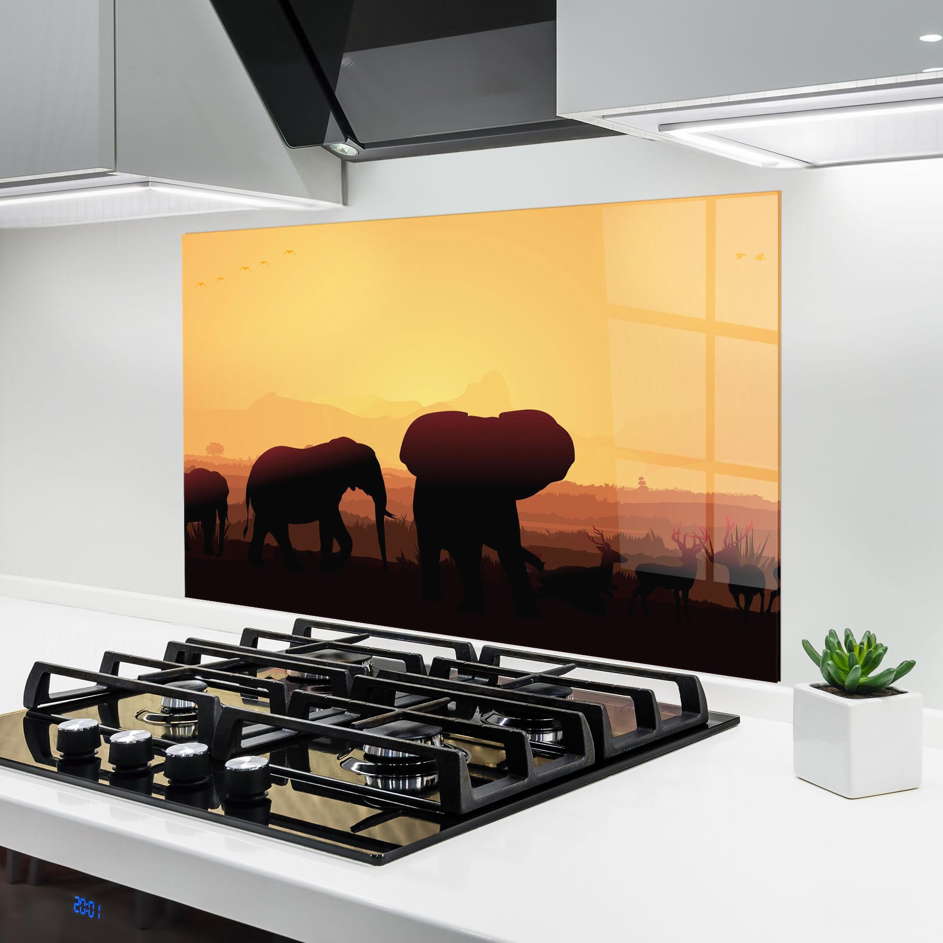 Panou Sticla Bucatarie Elephant Shilouette Sunset mockup 6