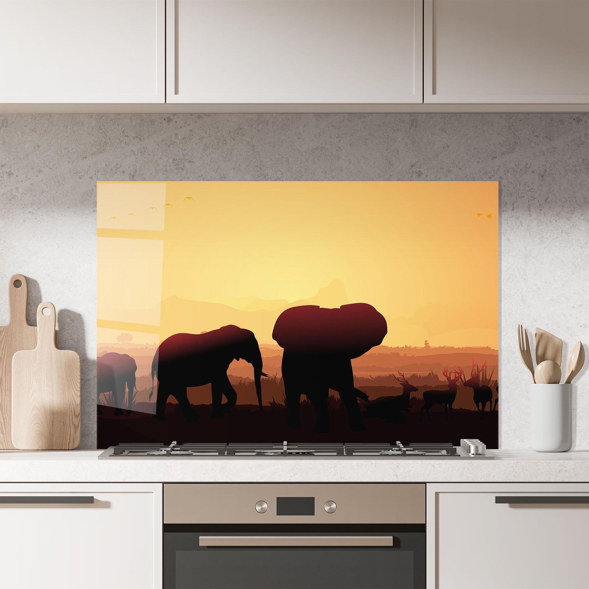 Panou Sticla Bucatarie Elephant Shilouette Sunset mockup 7