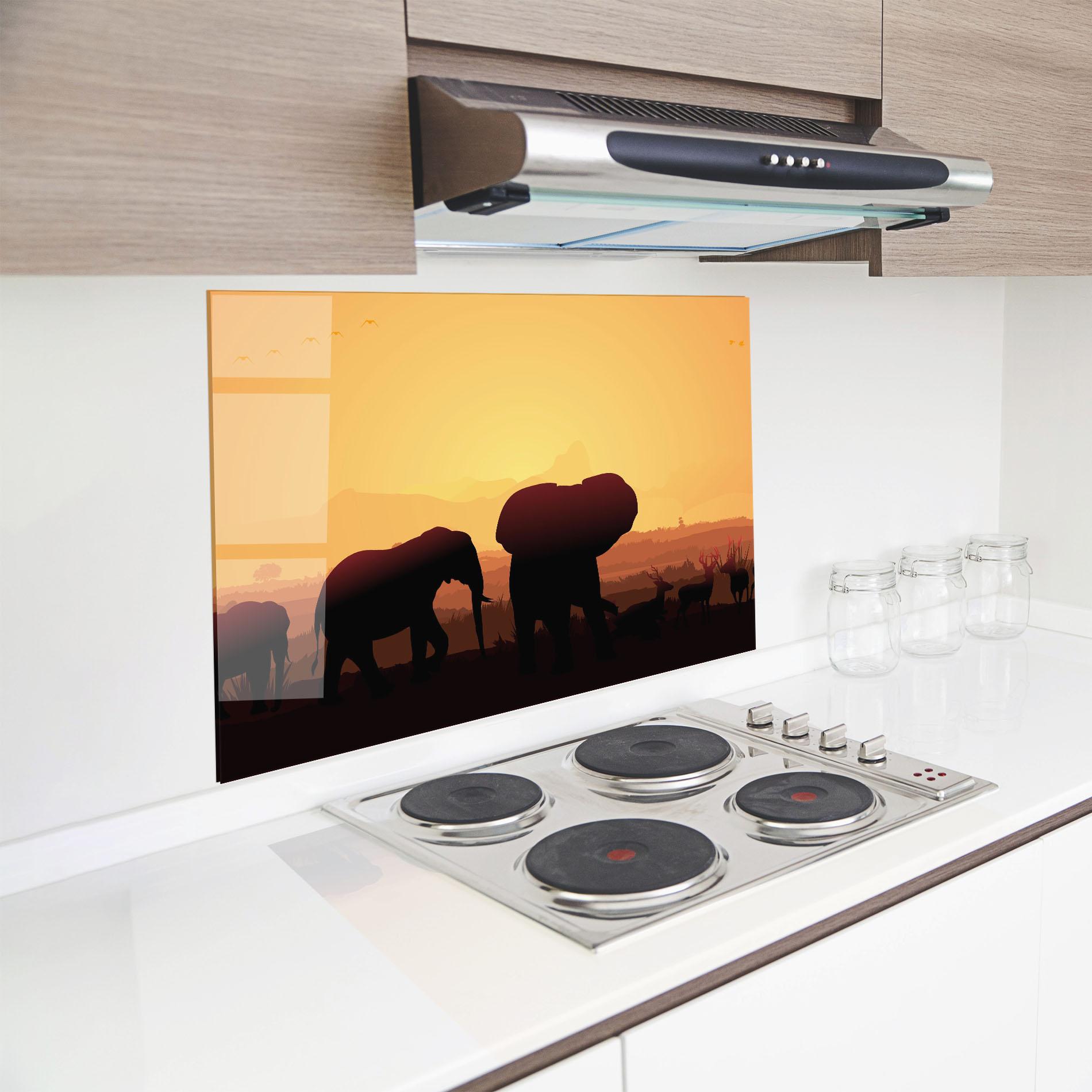 Panou Sticla Bucatarie Elephant Shilouette Sunset mockup 8