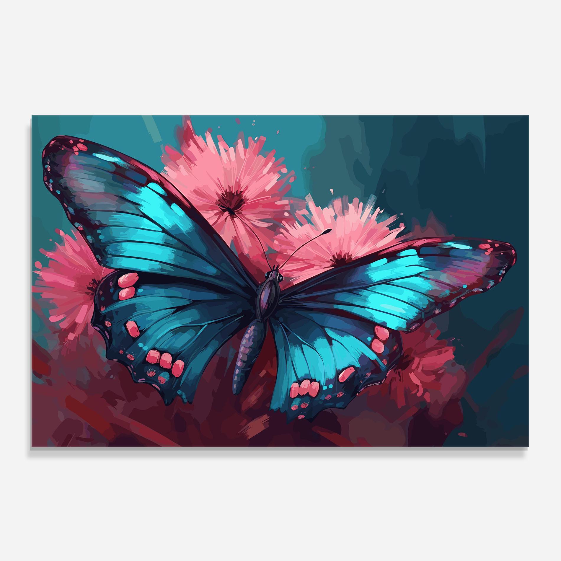 Panou Sticla Bucatarie Blue Butterfly On Pink mockup 0