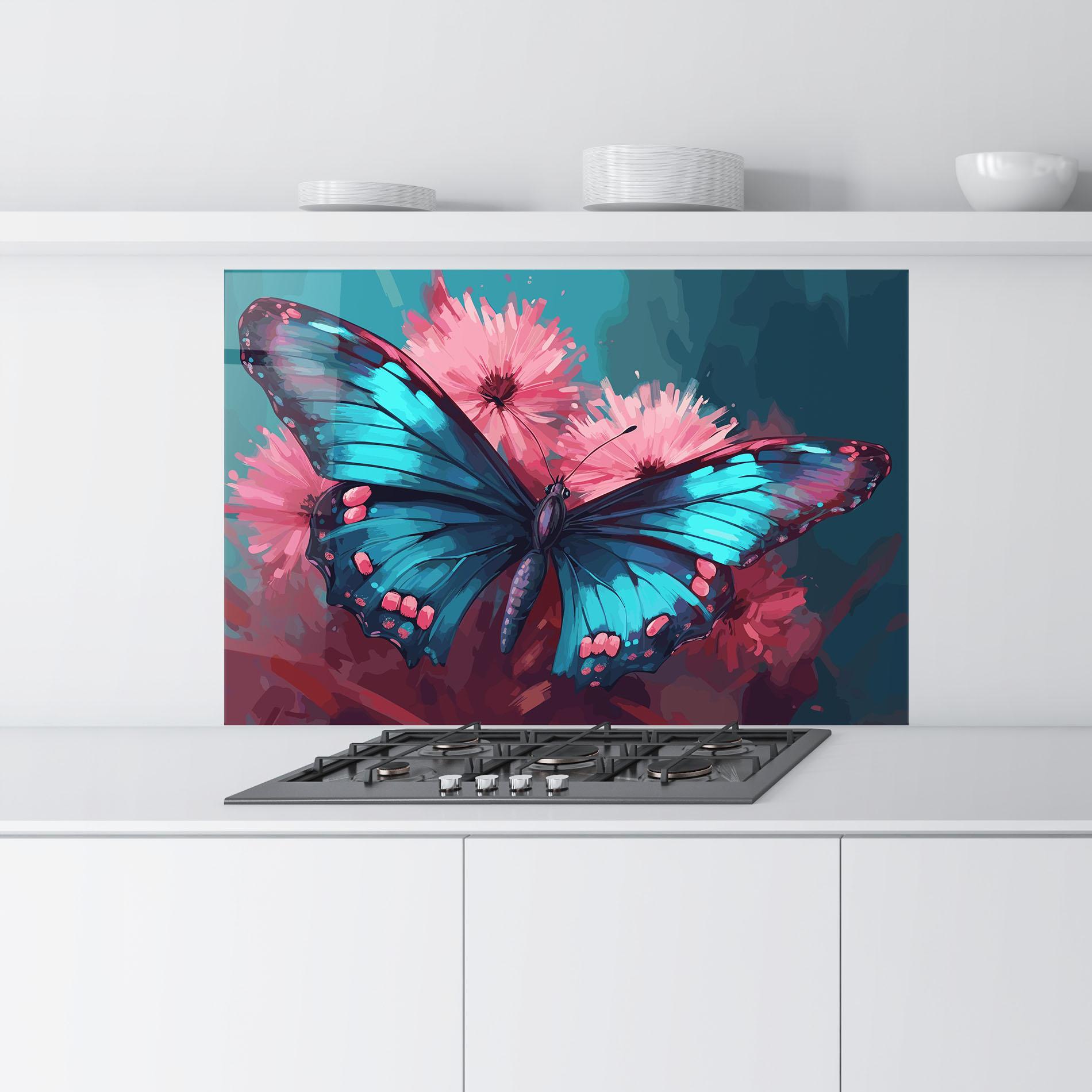 Panou Sticla Bucatarie Blue Butterfly On Pink mockup 9