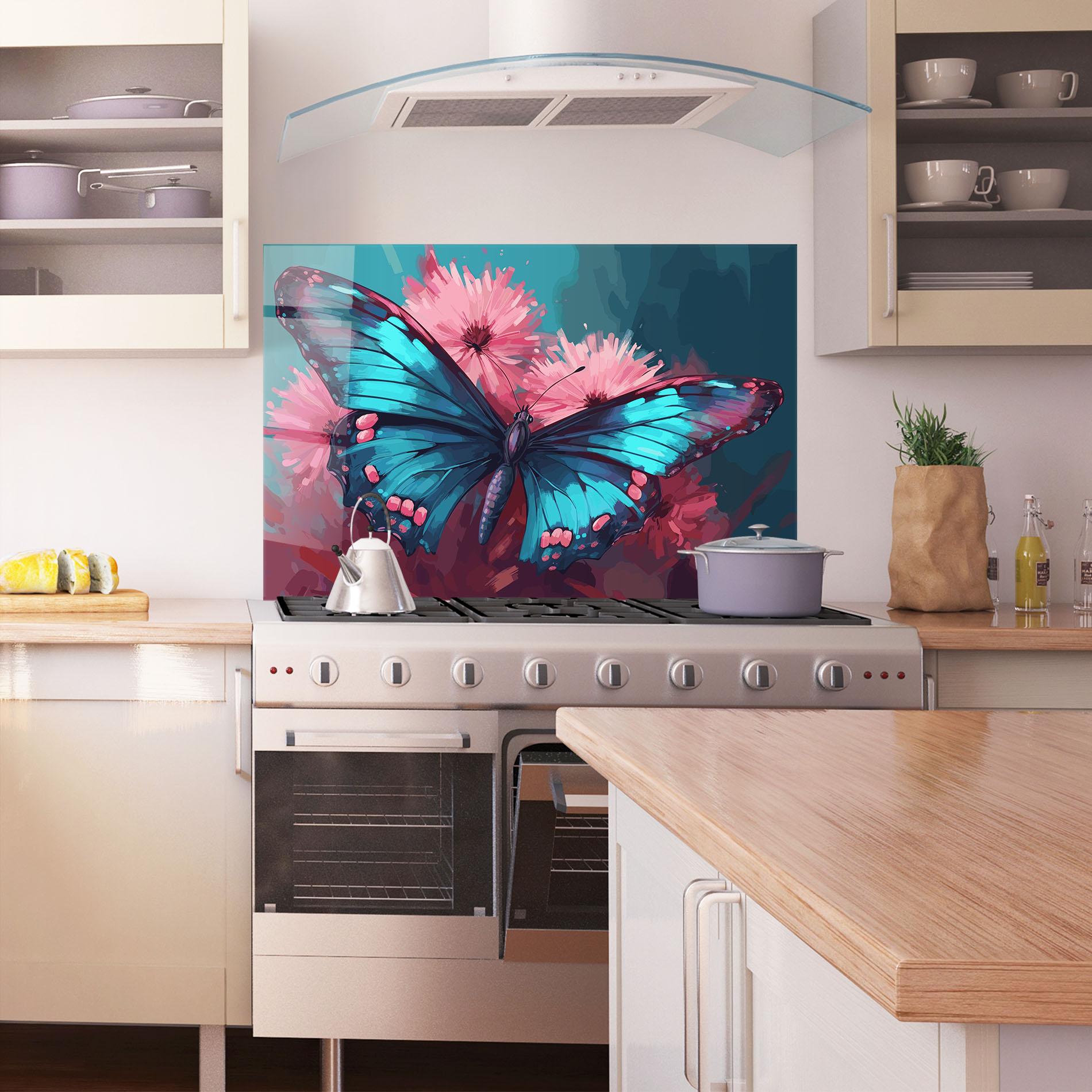 Panou Sticla Bucatarie Blue Butterfly On Pink mockup 1