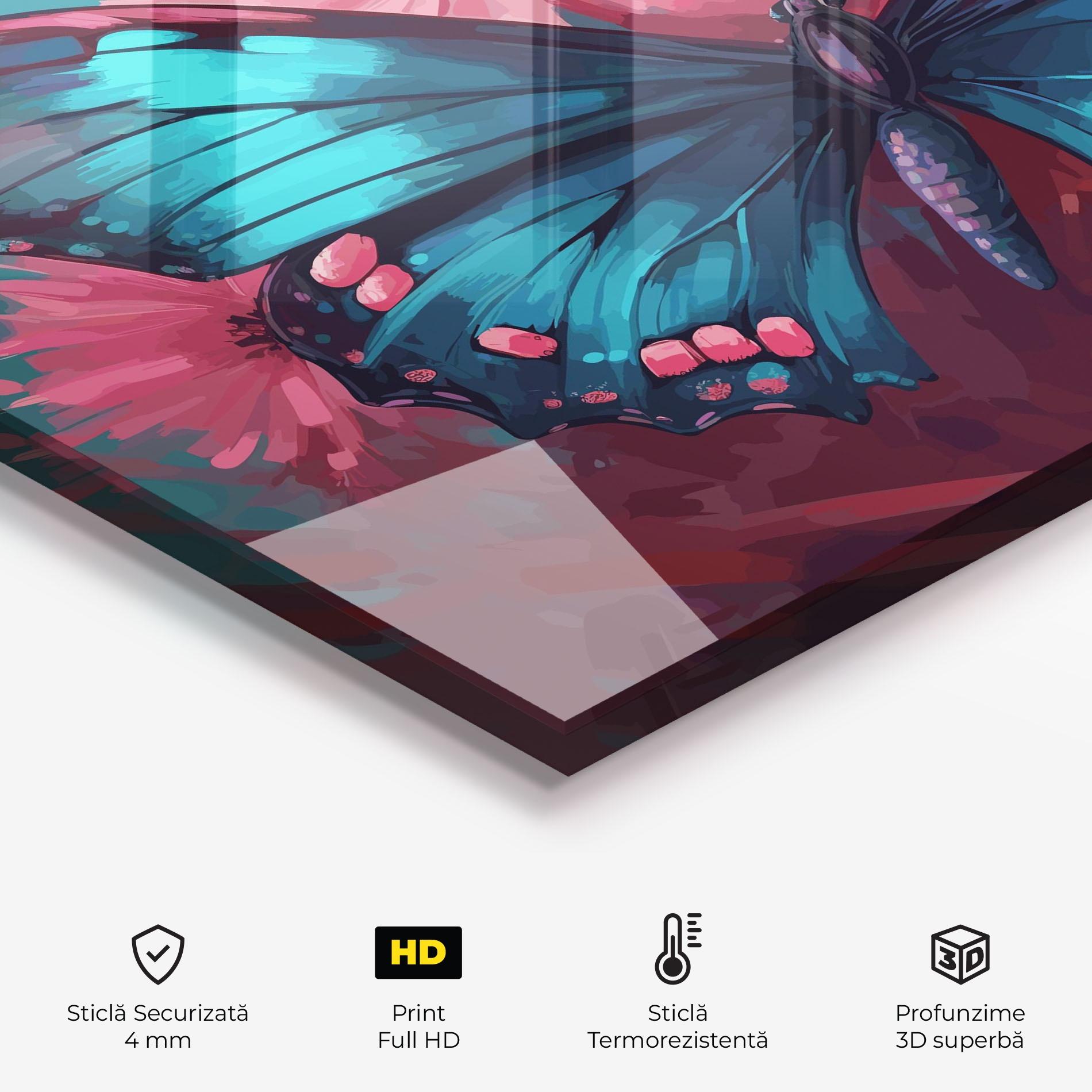 Panou Sticla Bucatarie Blue Butterfly On Pink mockup 2