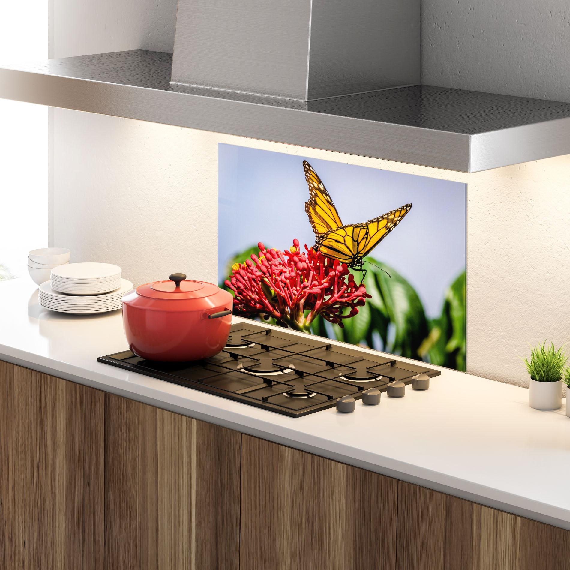 Panou Sticla Bucatarie Butterfly On Red Flower mockup 4