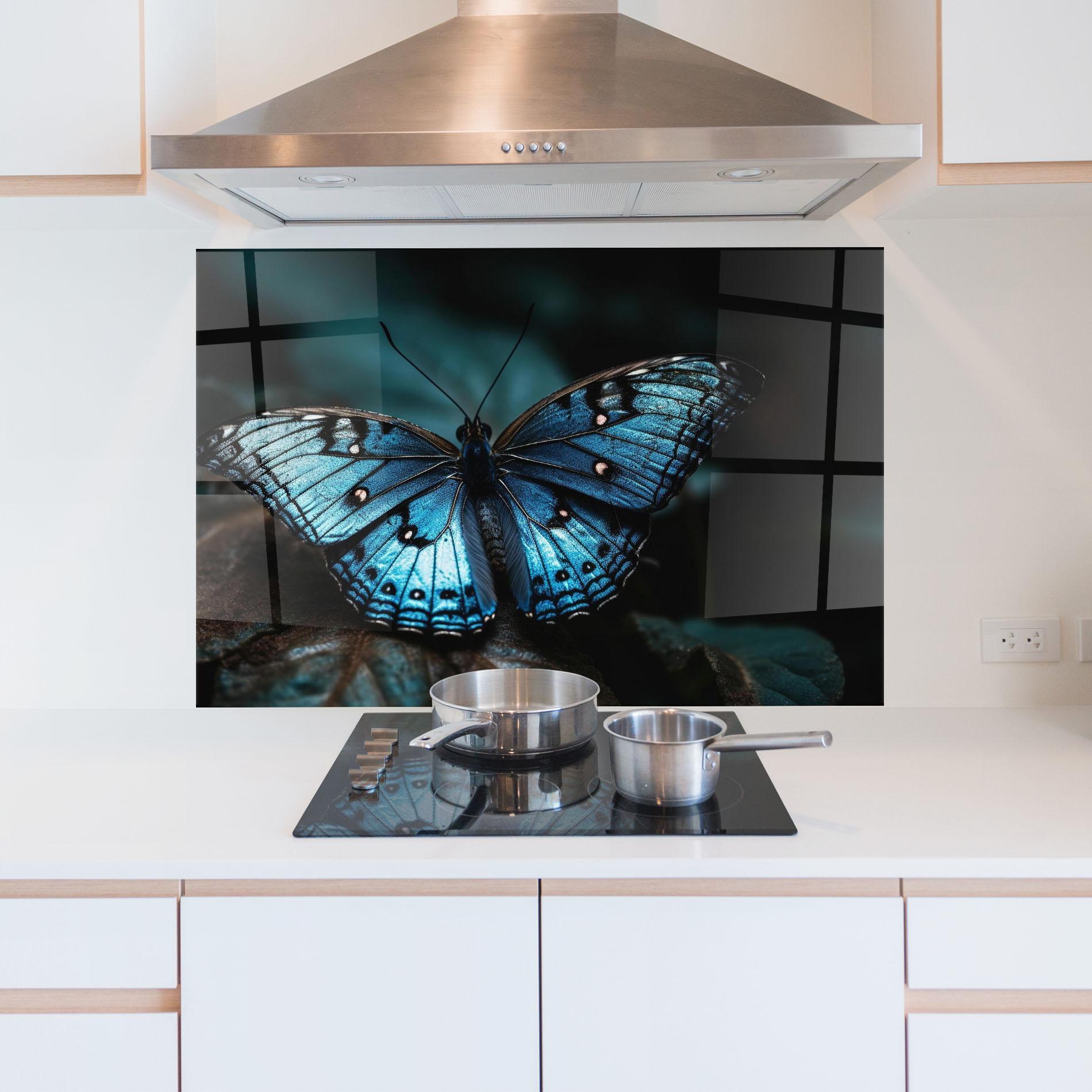Panou Sticla Bucatarie Dark Blue Buterfly mockup 5