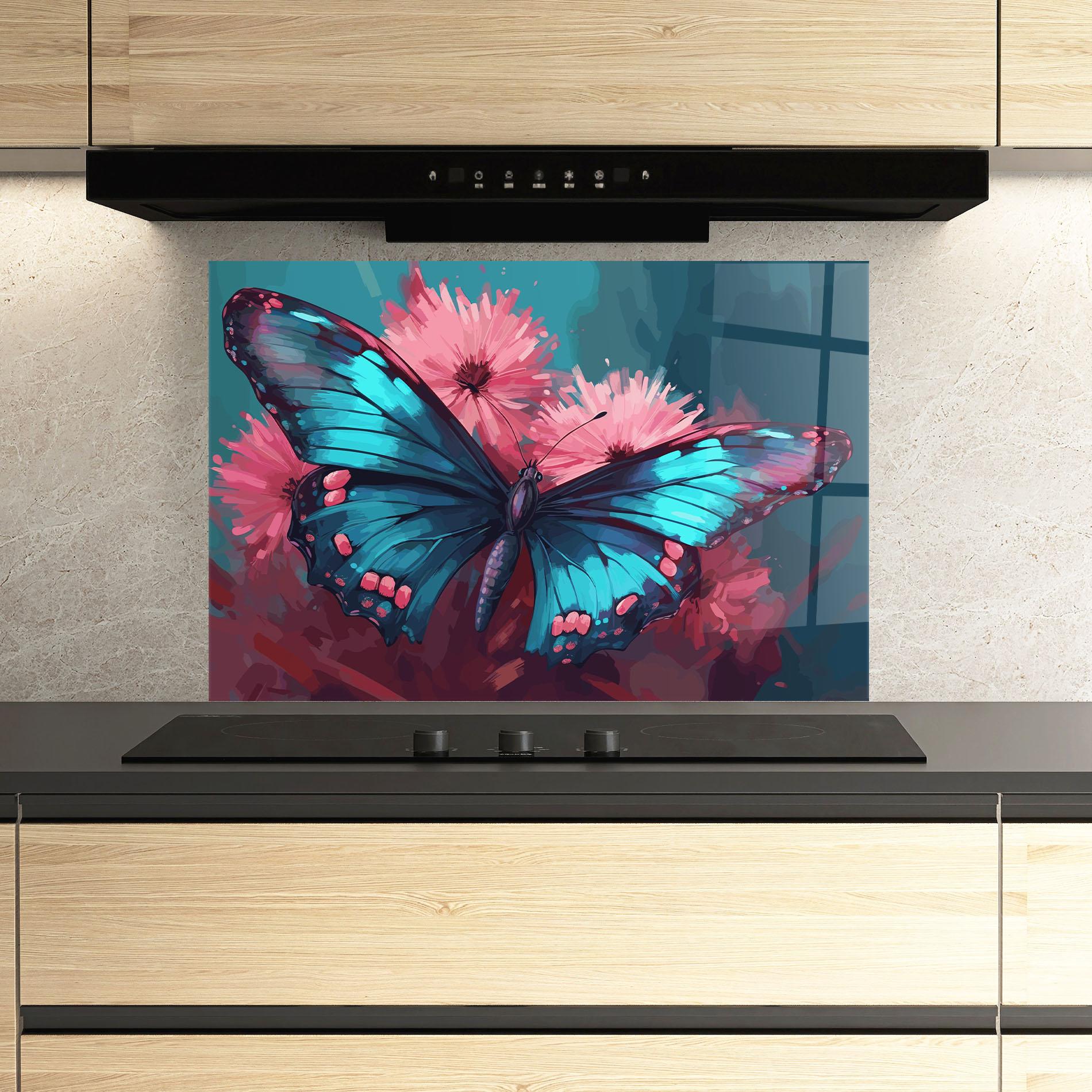 Panou Sticla Bucatarie Blue Butterfly On Pink mockup 3