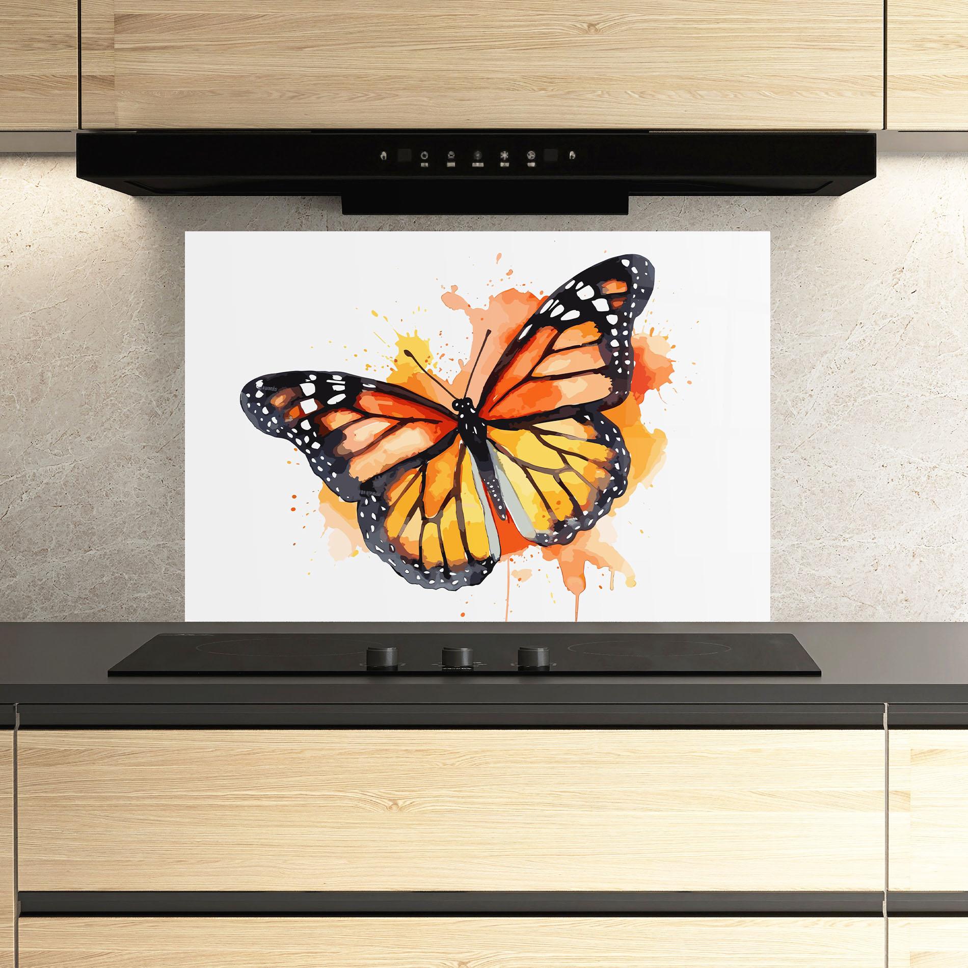 Panou Sticla Bucatarie Orange Watercolor Butterfly mockup 3