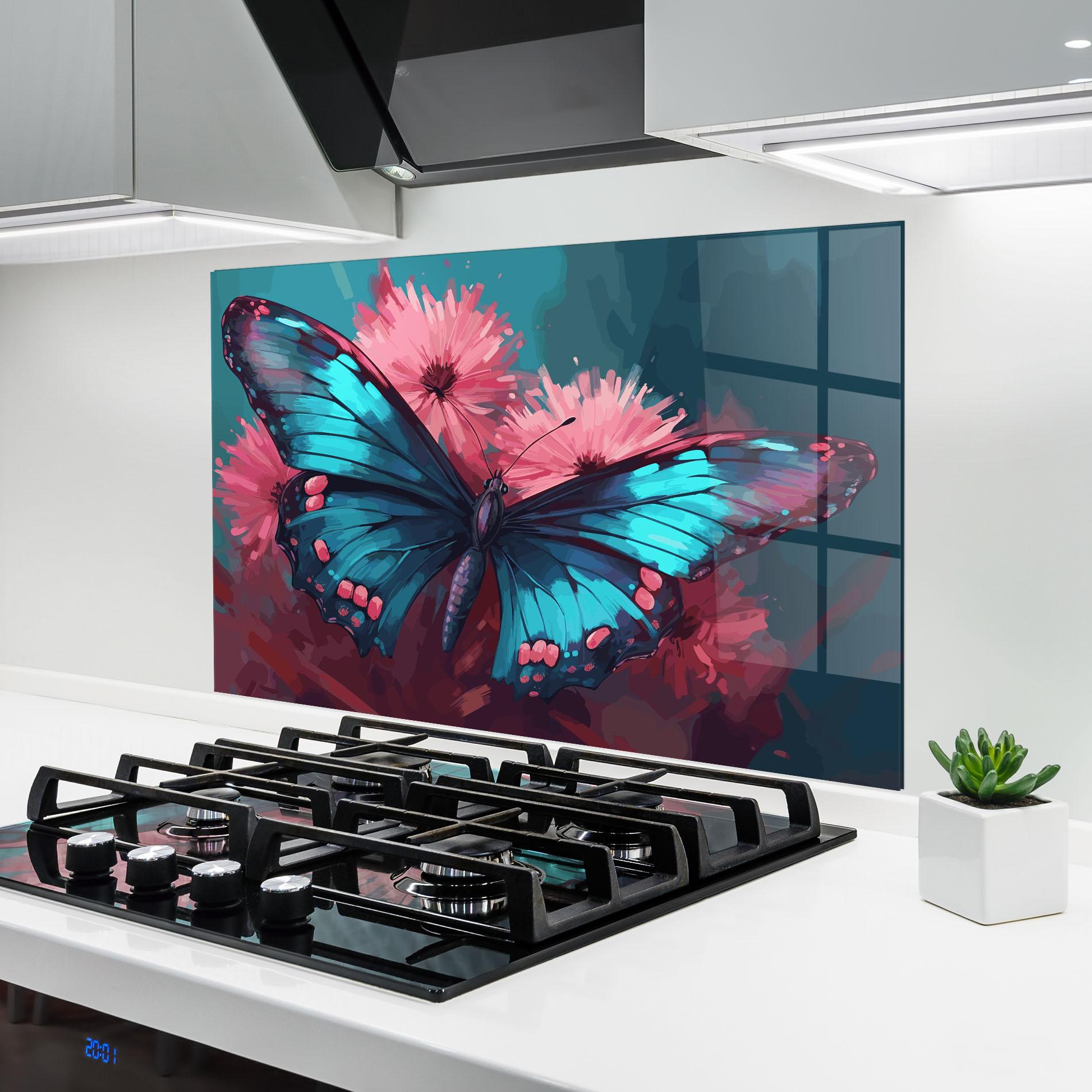 Panou Sticla Bucatarie Blue Butterfly On Pink mockup 6