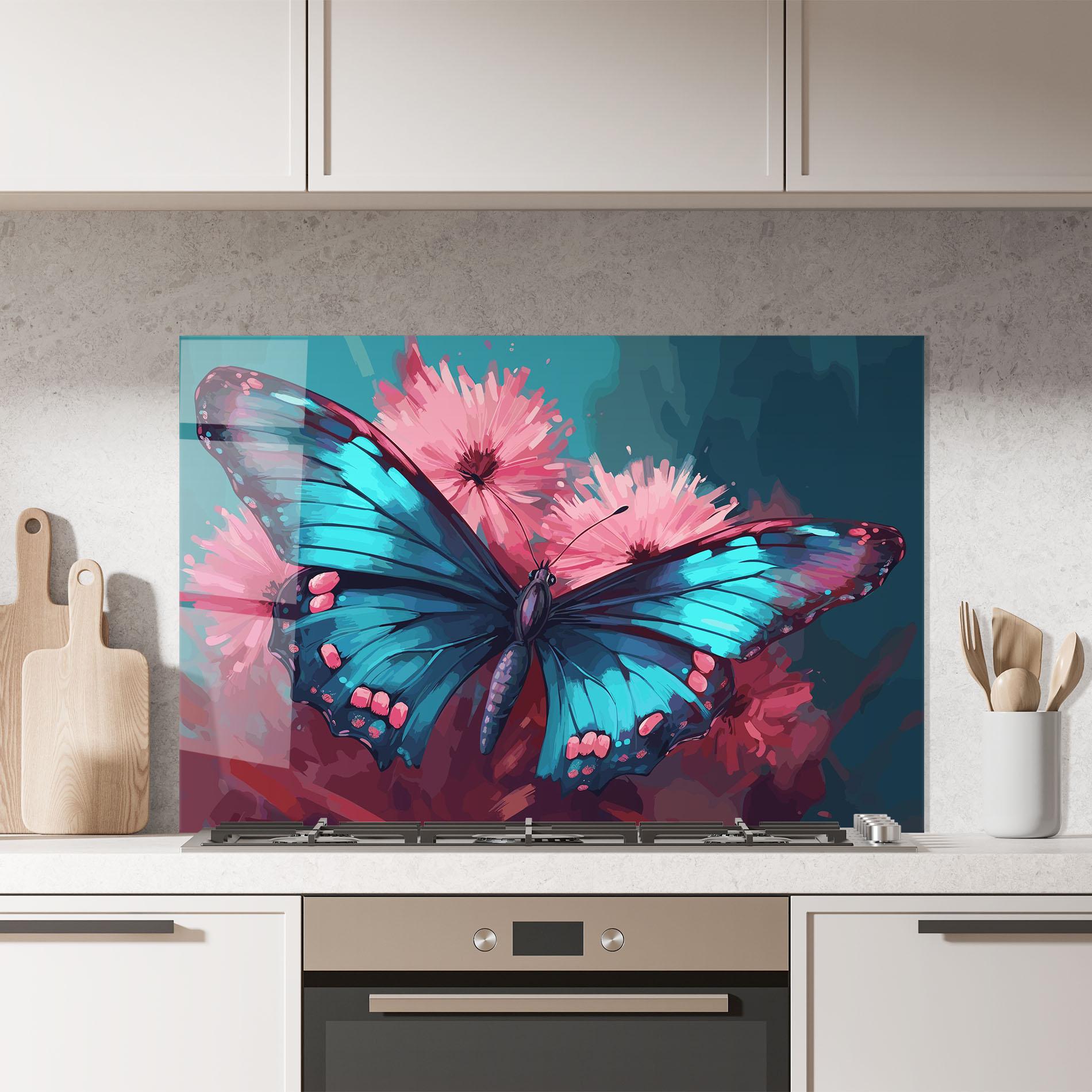 Panou Sticla Bucatarie Blue Butterfly On Pink mockup 7
