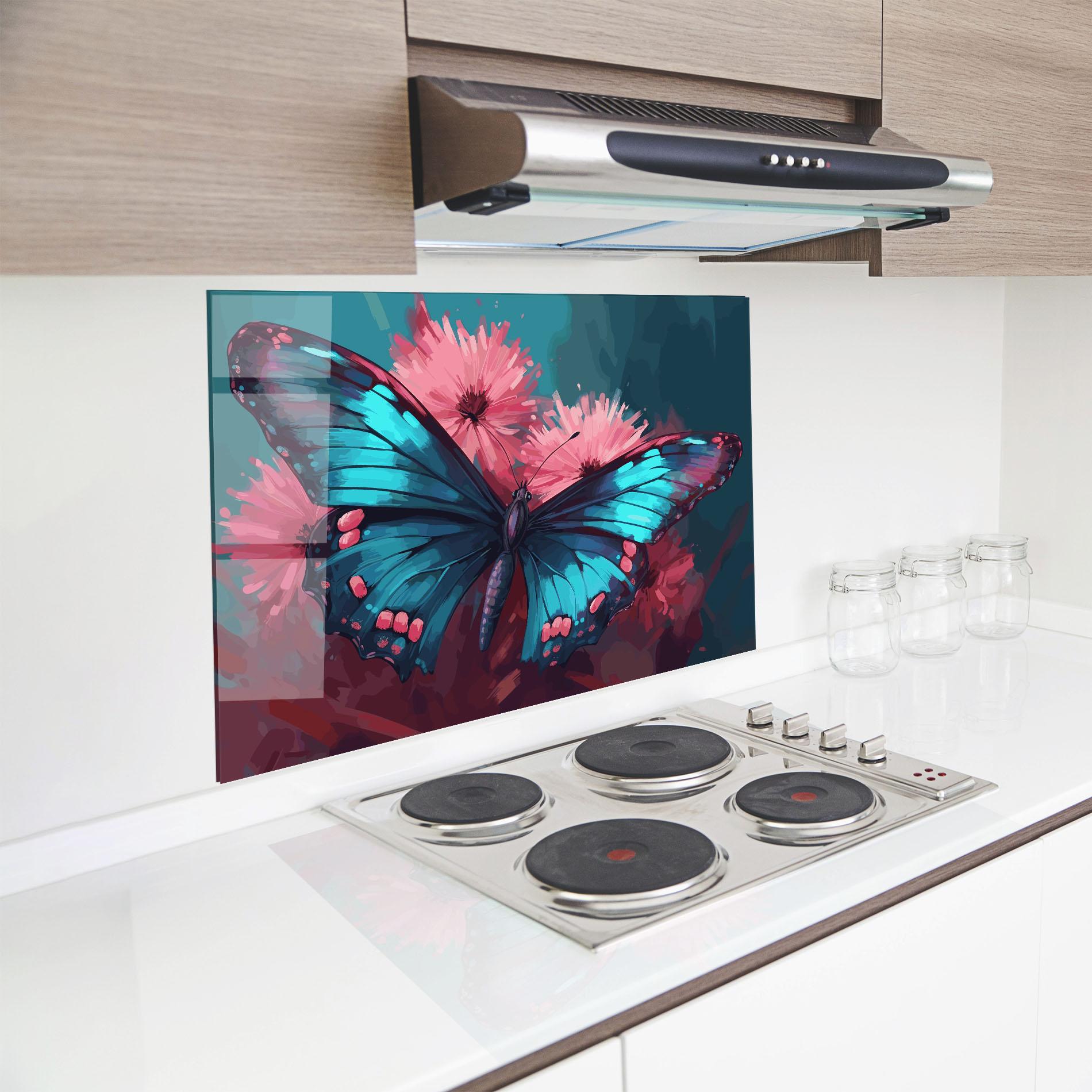Panou Sticla Bucatarie Blue Butterfly On Pink mockup 8