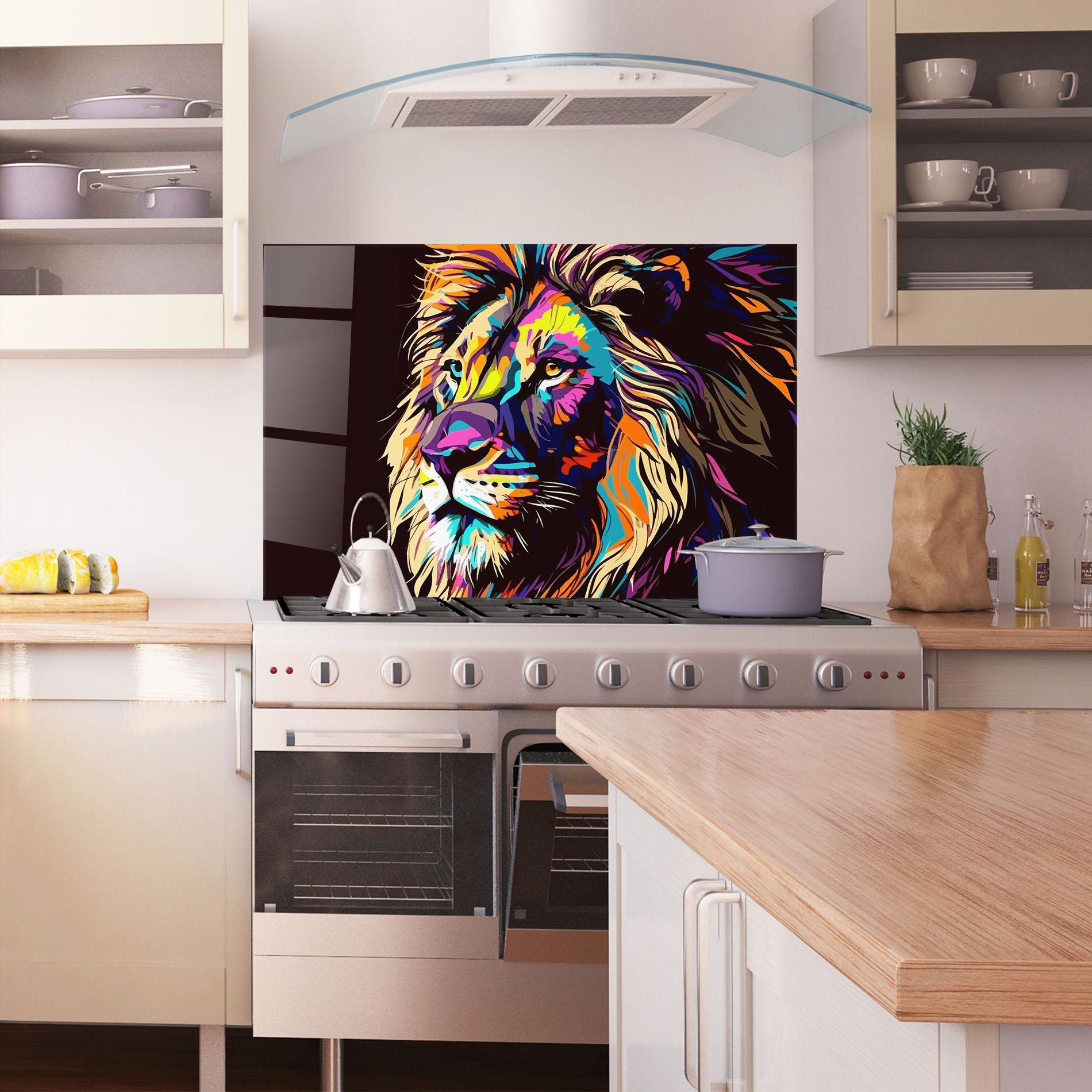 Panou Sticla Bucatarie Purple Orange Lion mockup 1