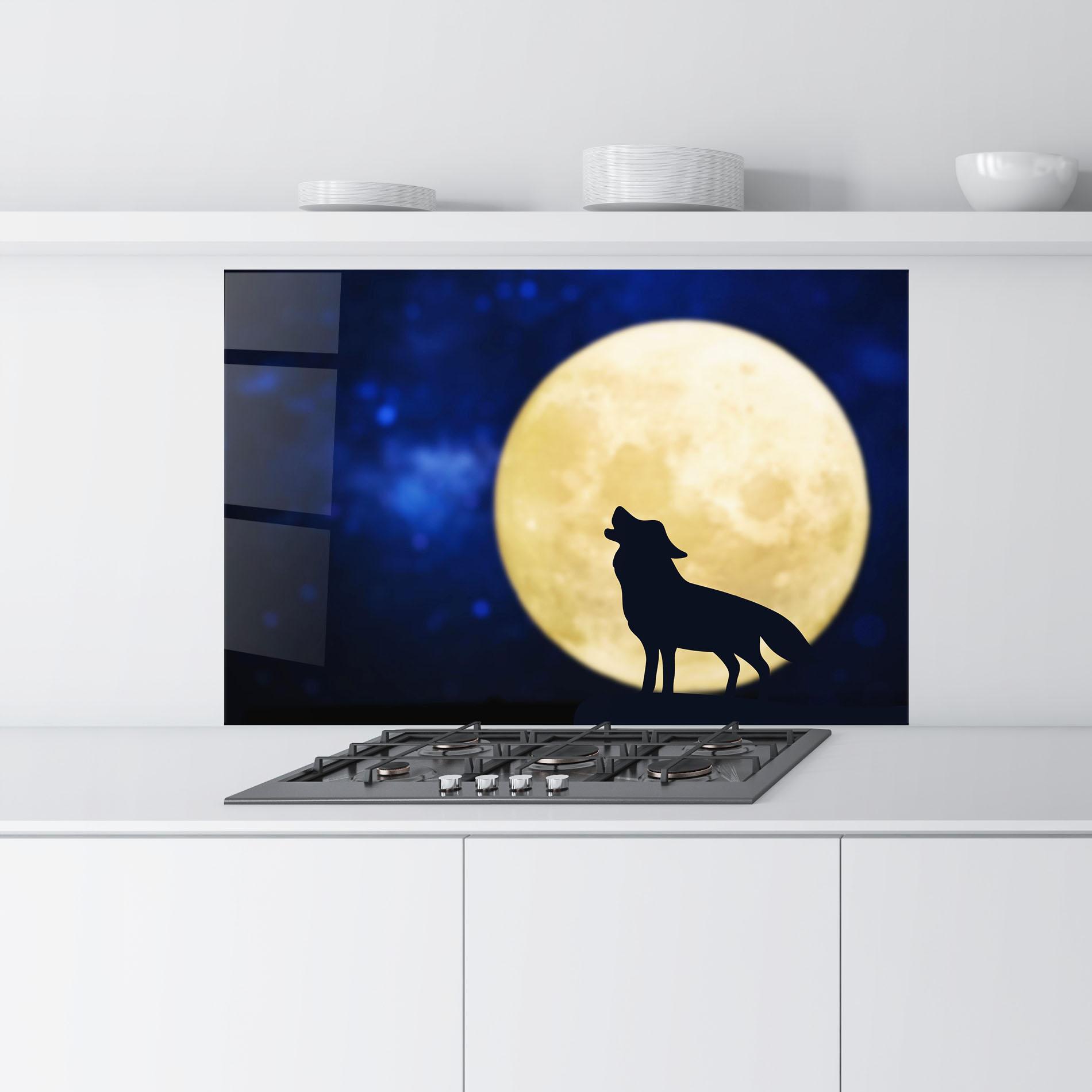 Panou Sticla Bucatarie Howling Wolf Silhouette mockup 9