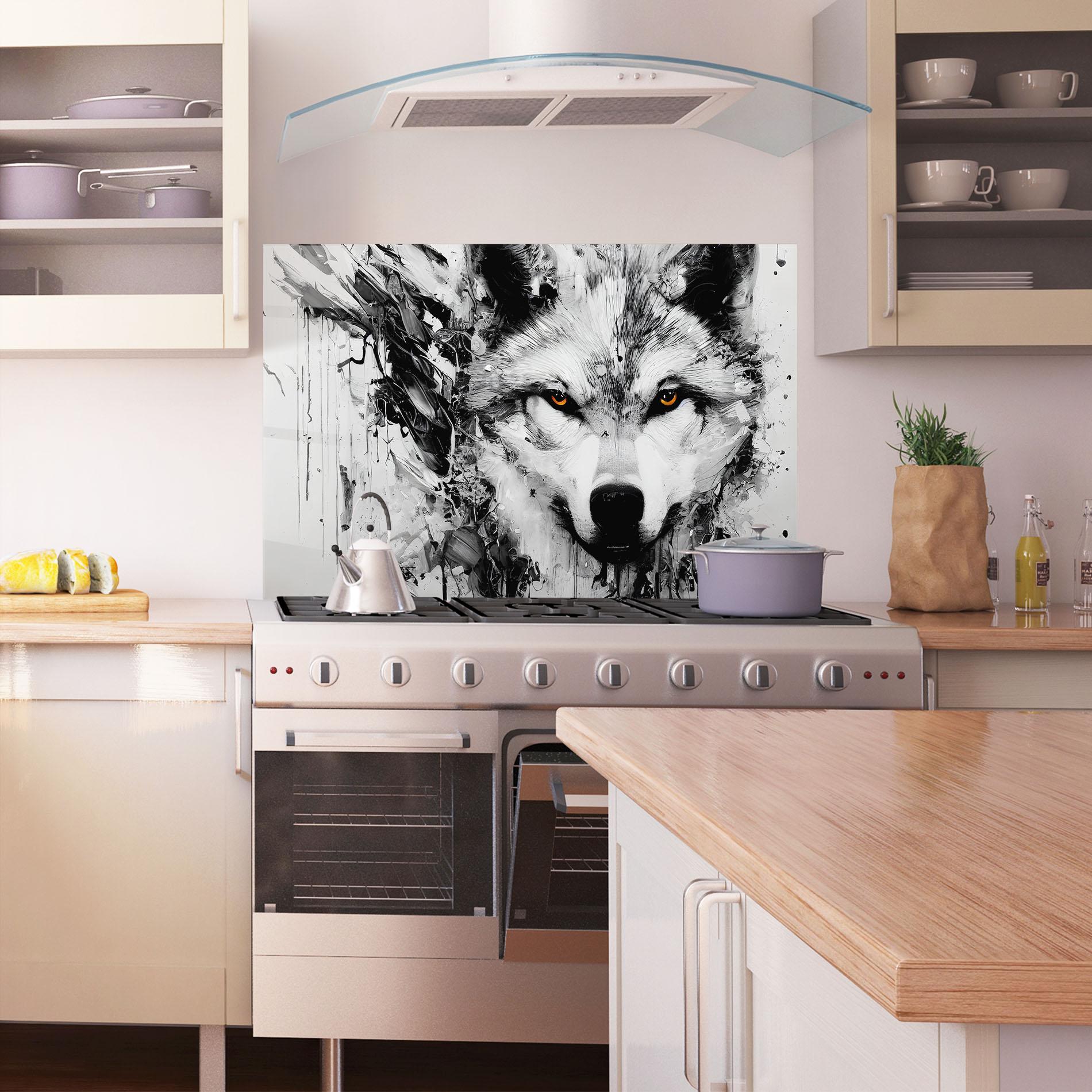 Panou Sticla Bucatarie Grey Wolf Portrait mockup 1
