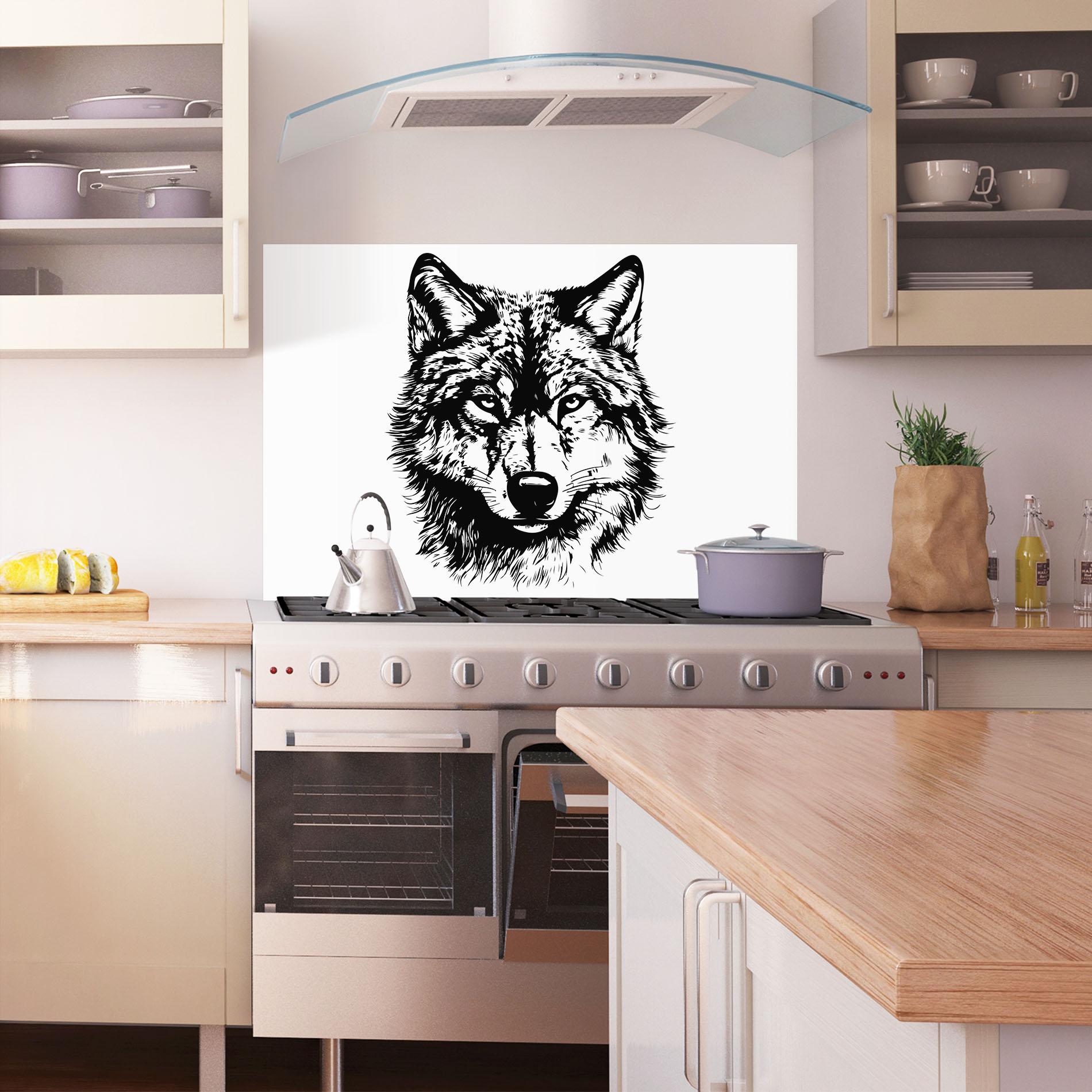 Panou Sticla Bucatarie Wolf Head Shilouette mockup 1