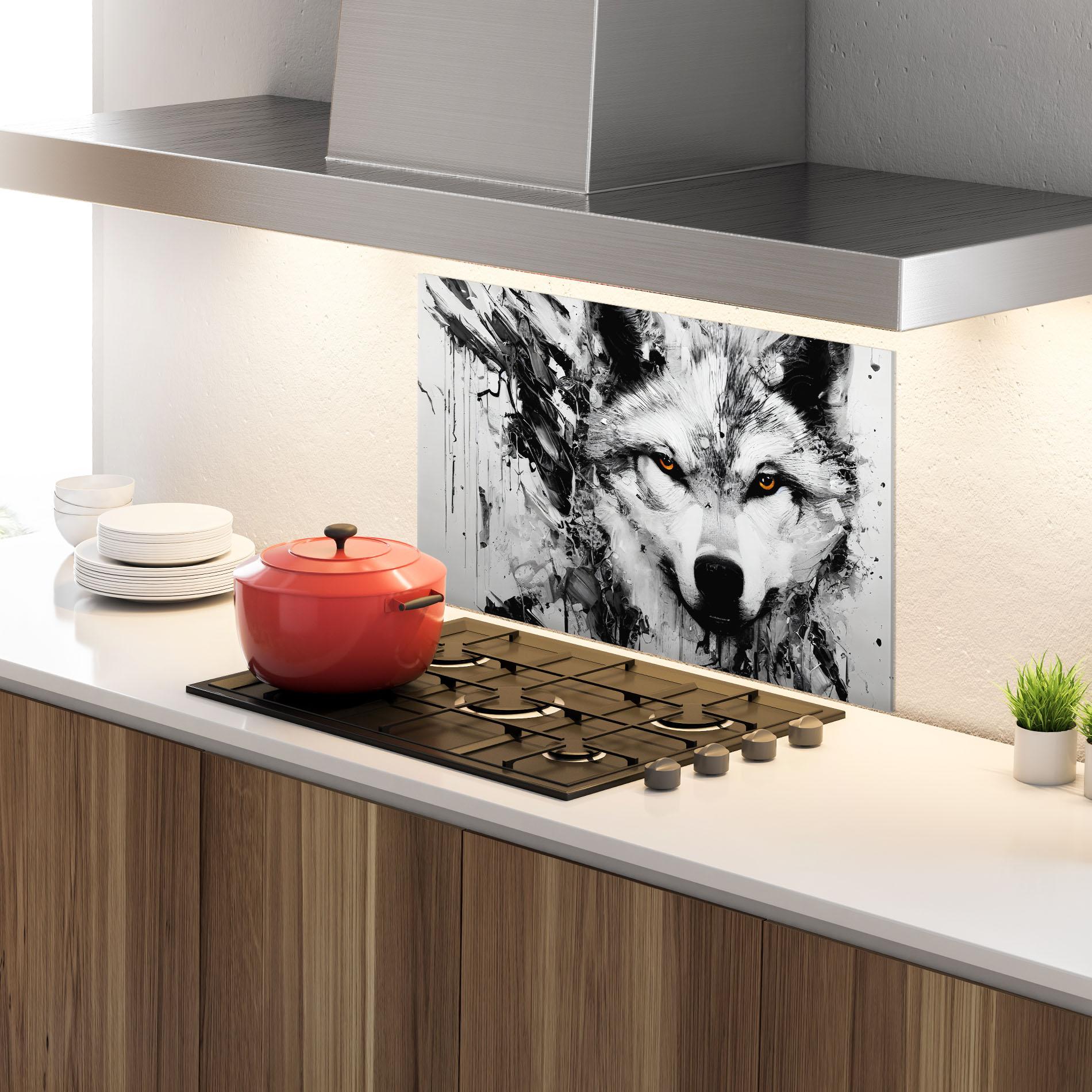 Panou Sticla Bucatarie Grey Wolf Portrait mockup 4