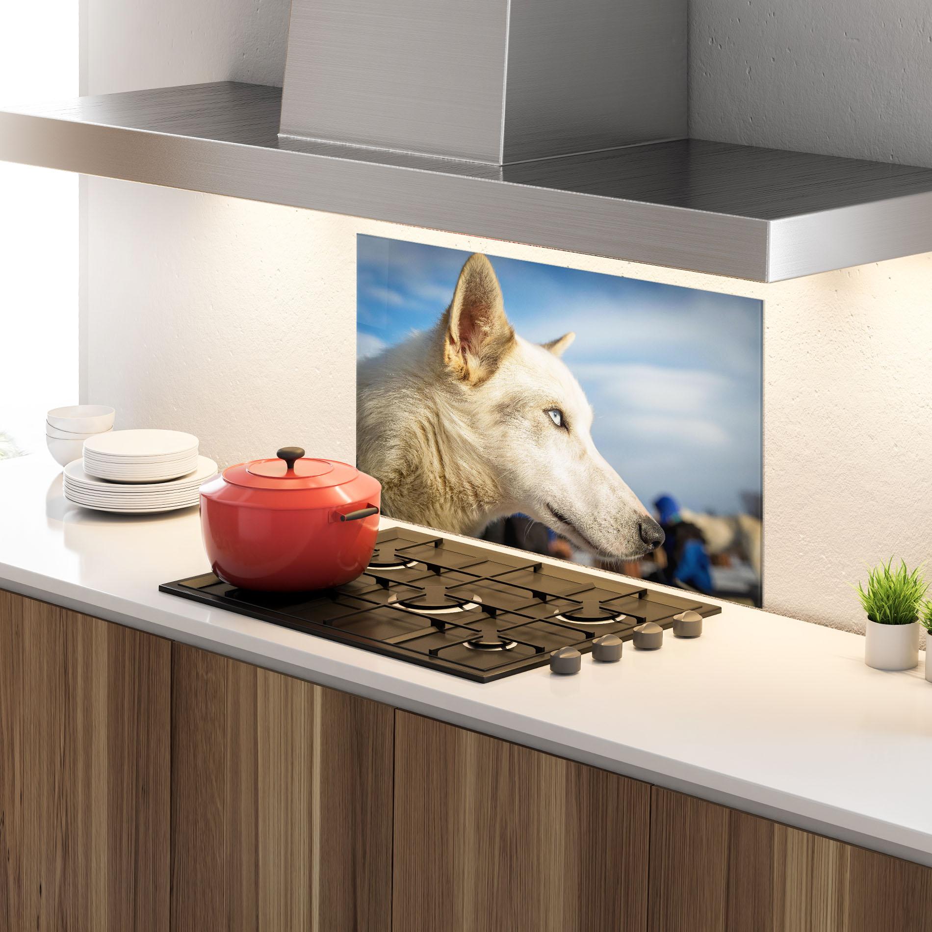 Panou Sticla Bucatarie White Wolf Looking mockup 4