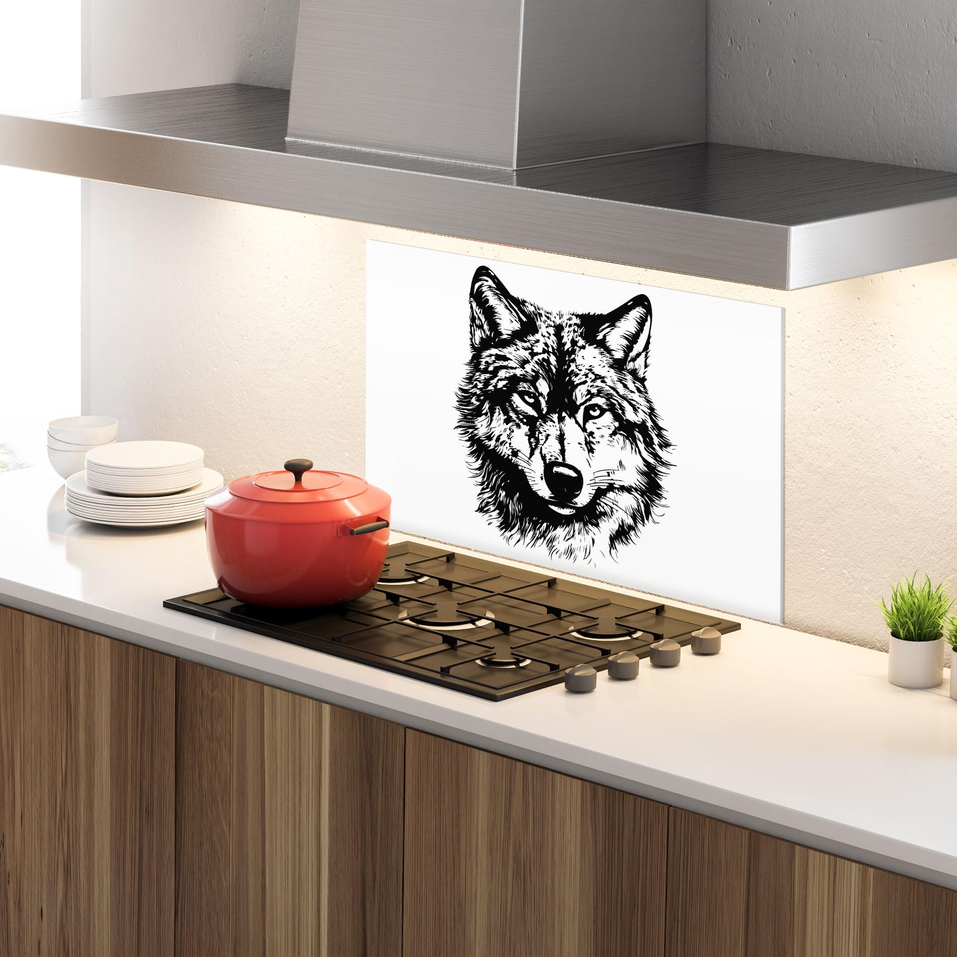 Panou Sticla Bucatarie Wolf Head Shilouette mockup 4