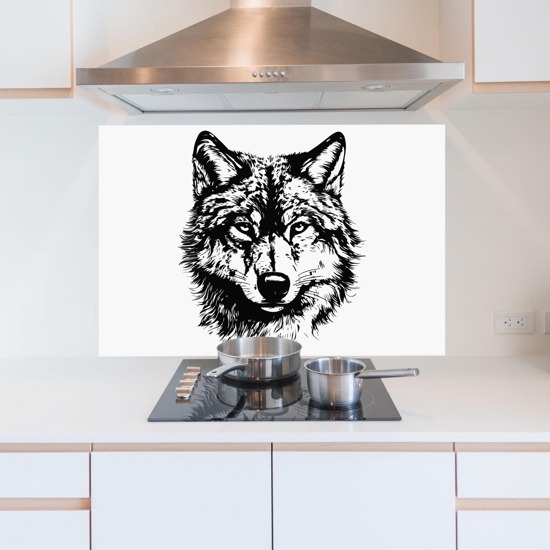 Panou Sticla Bucatarie Wolf Head Shilouette mockup 5