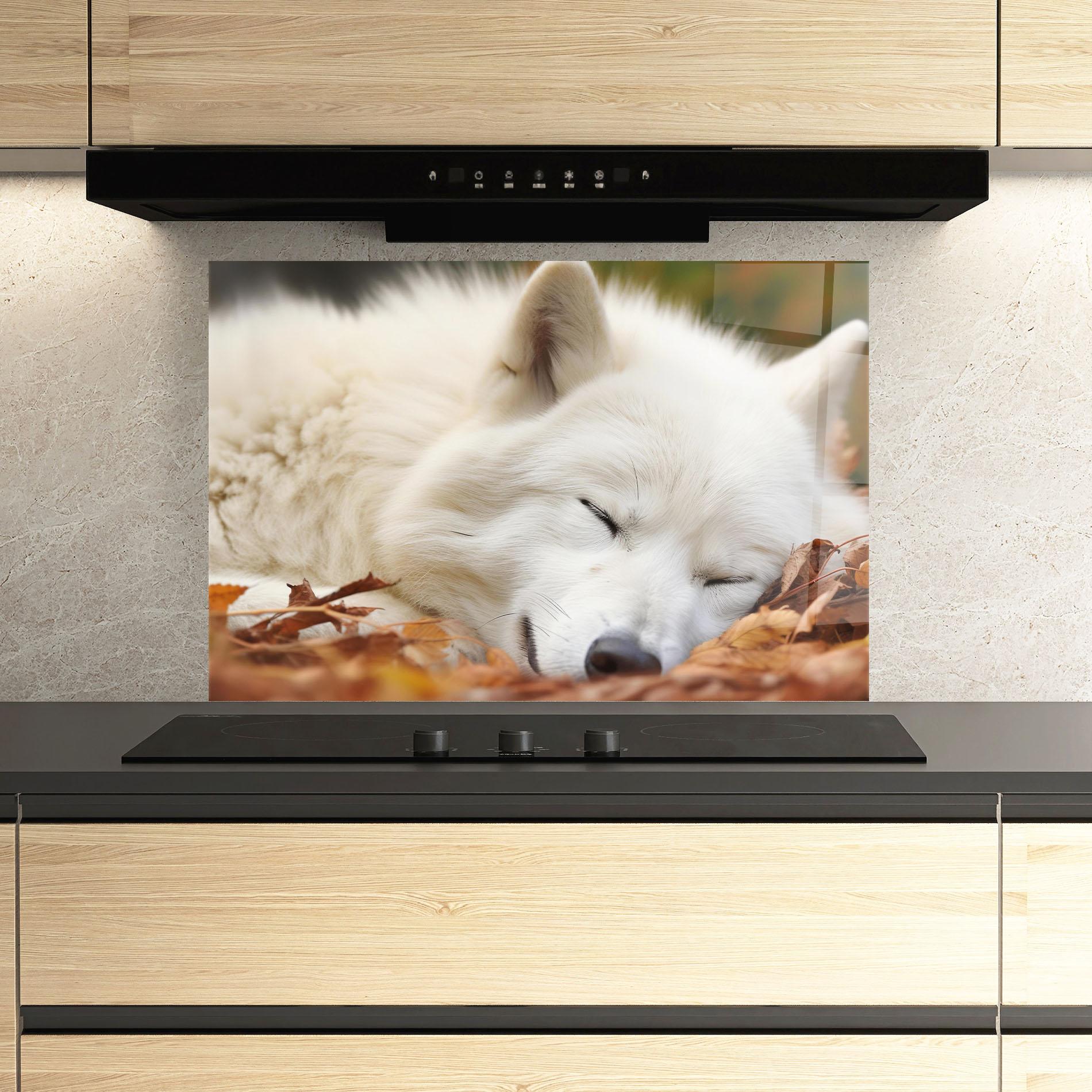 Panou Sticla Bucatarie White Wolf Sleeping mockup 3