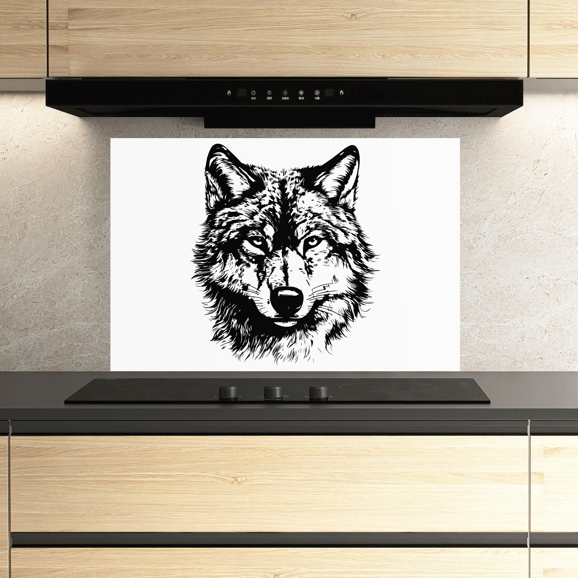 Panou Sticla Bucatarie Wolf Head Shilouette mockup 3