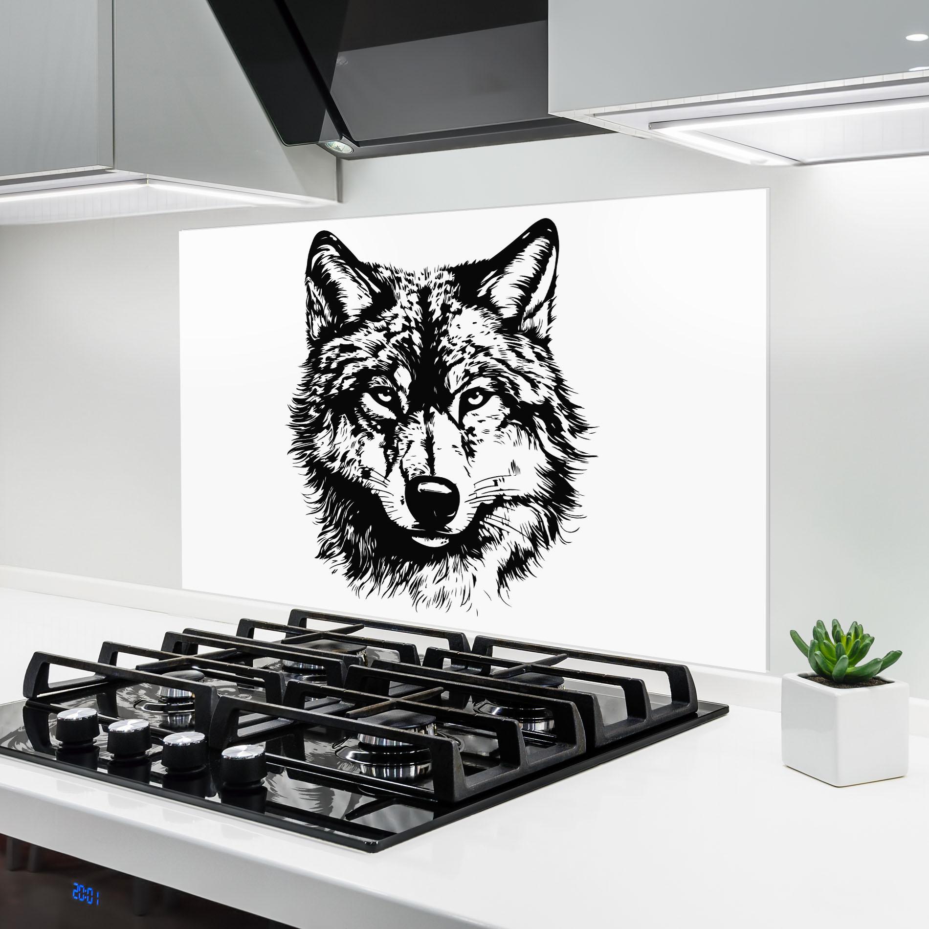 Panou Sticla Bucatarie Wolf Head Shilouette mockup 6