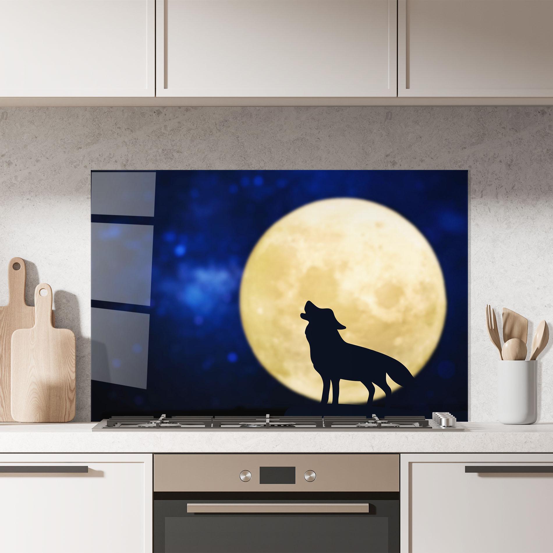 Panou Sticla Bucatarie Howling Wolf Silhouette mockup 7