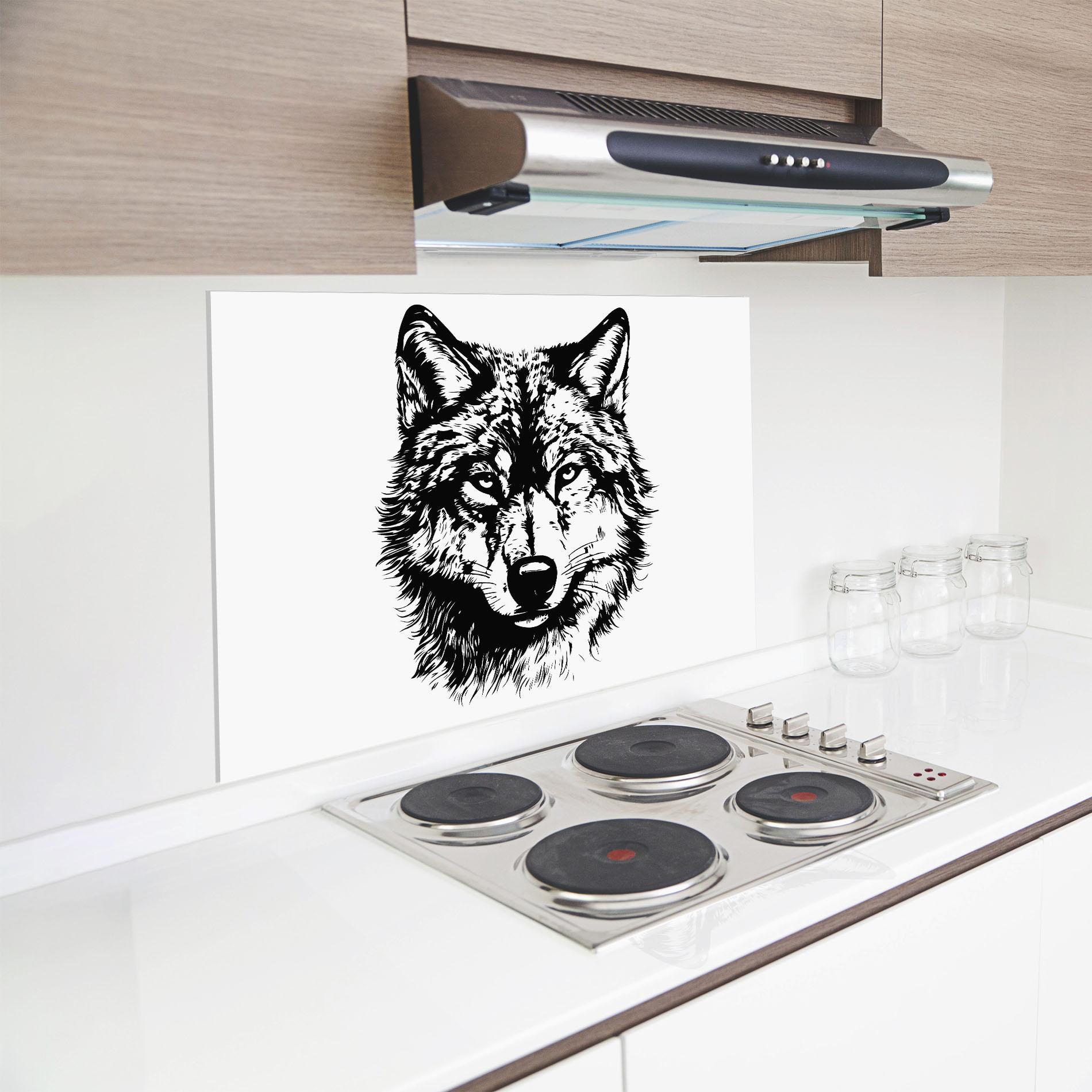 Panou Sticla Bucatarie Wolf Head Shilouette mockup 8