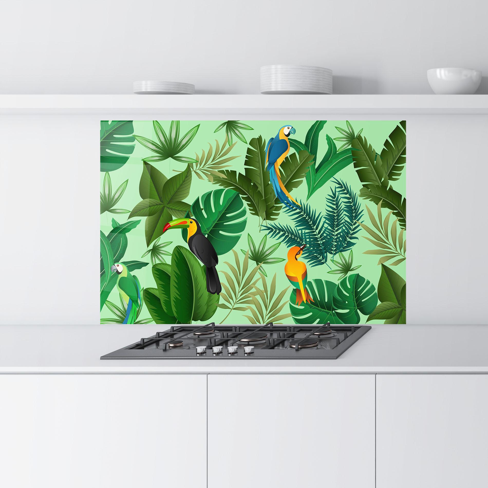 Panou Sticla Bucatarie Green Jungle Birds mockup 9