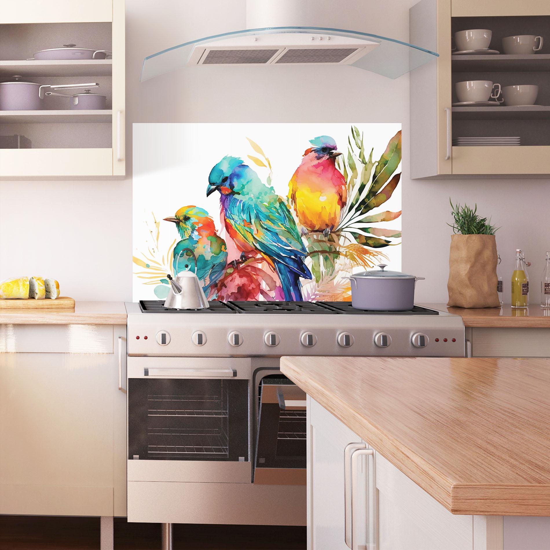 Panou Sticla Bucatarie Colorful Birds mockup 1