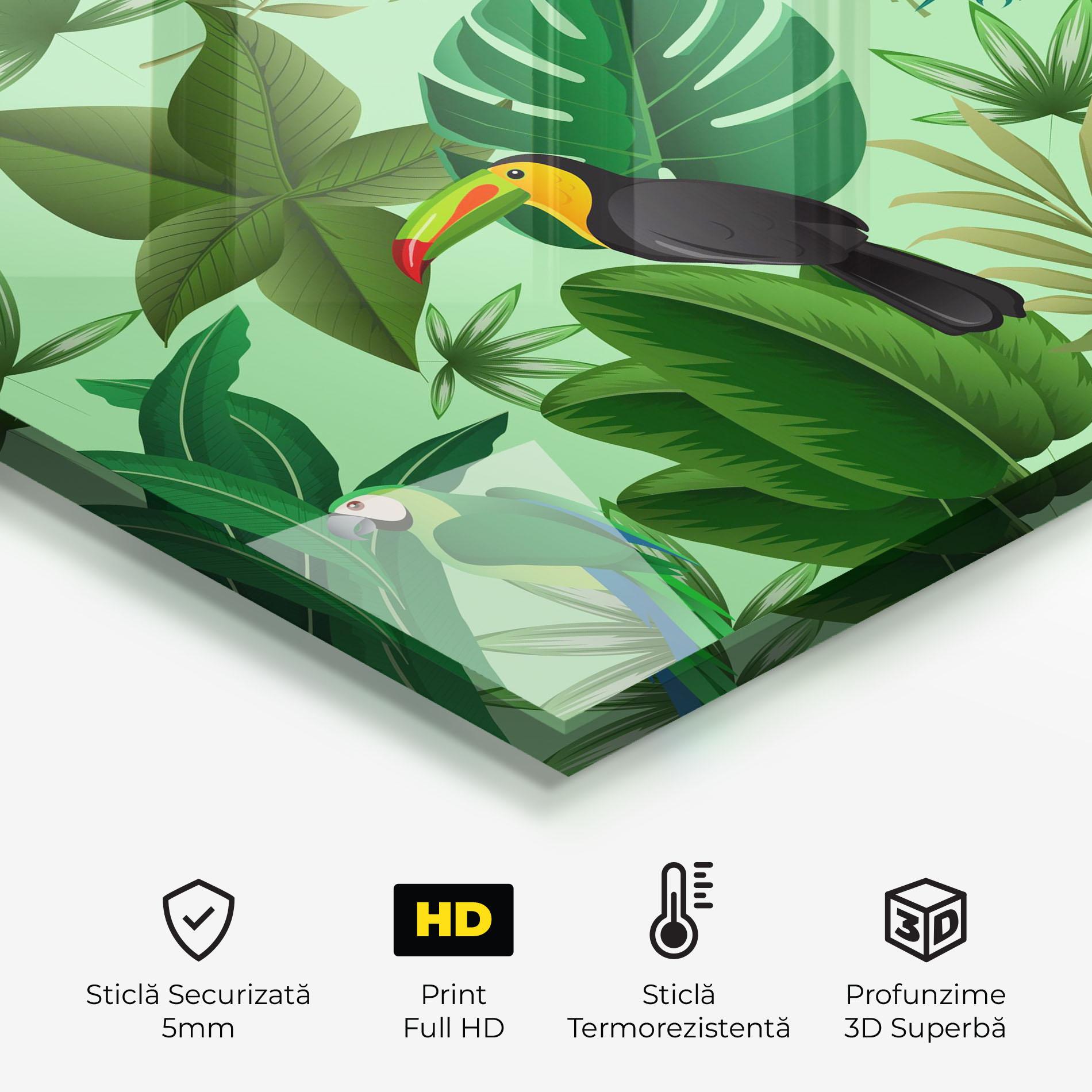 Panou Sticla Bucatarie Green Jungle Birds mockup 2