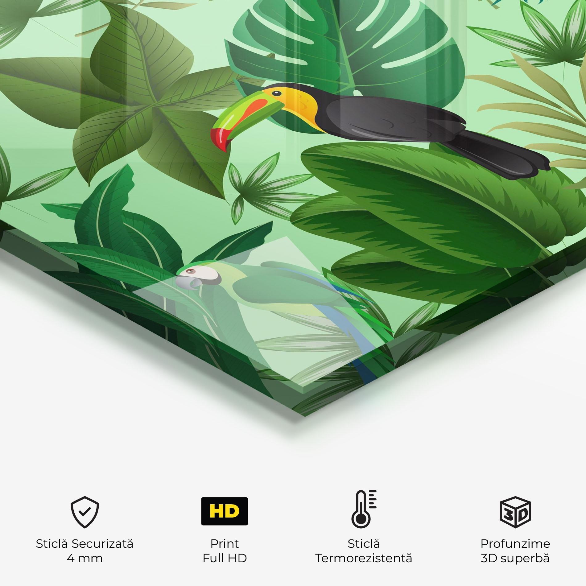 Panou Sticla Bucatarie Green Jungle Birds mockup 2