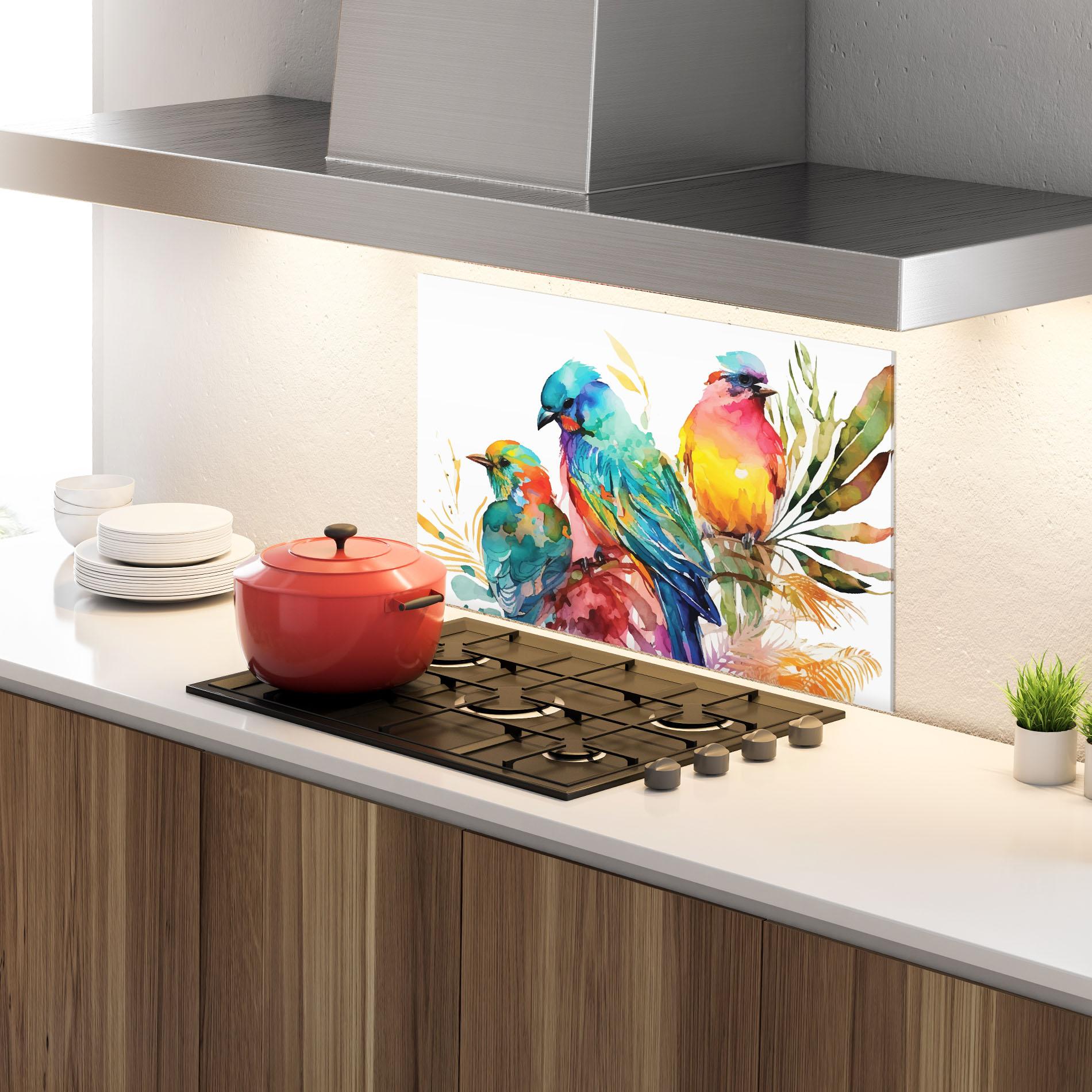 Panou Sticla Bucatarie Colorful Birds mockup 4