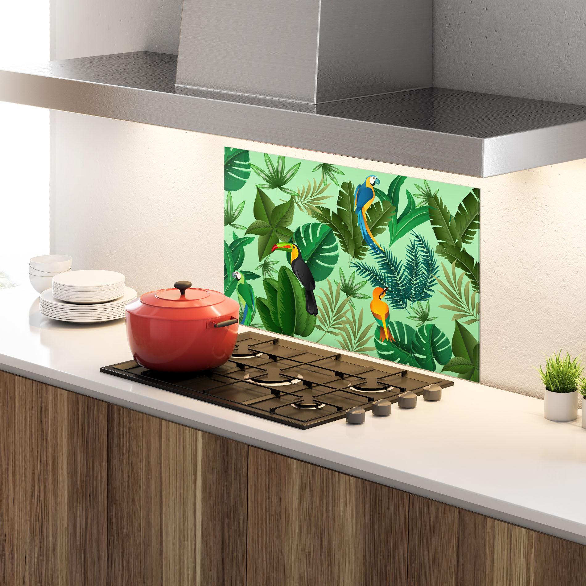 Panou Sticla Bucatarie Green Jungle Birds mockup 4