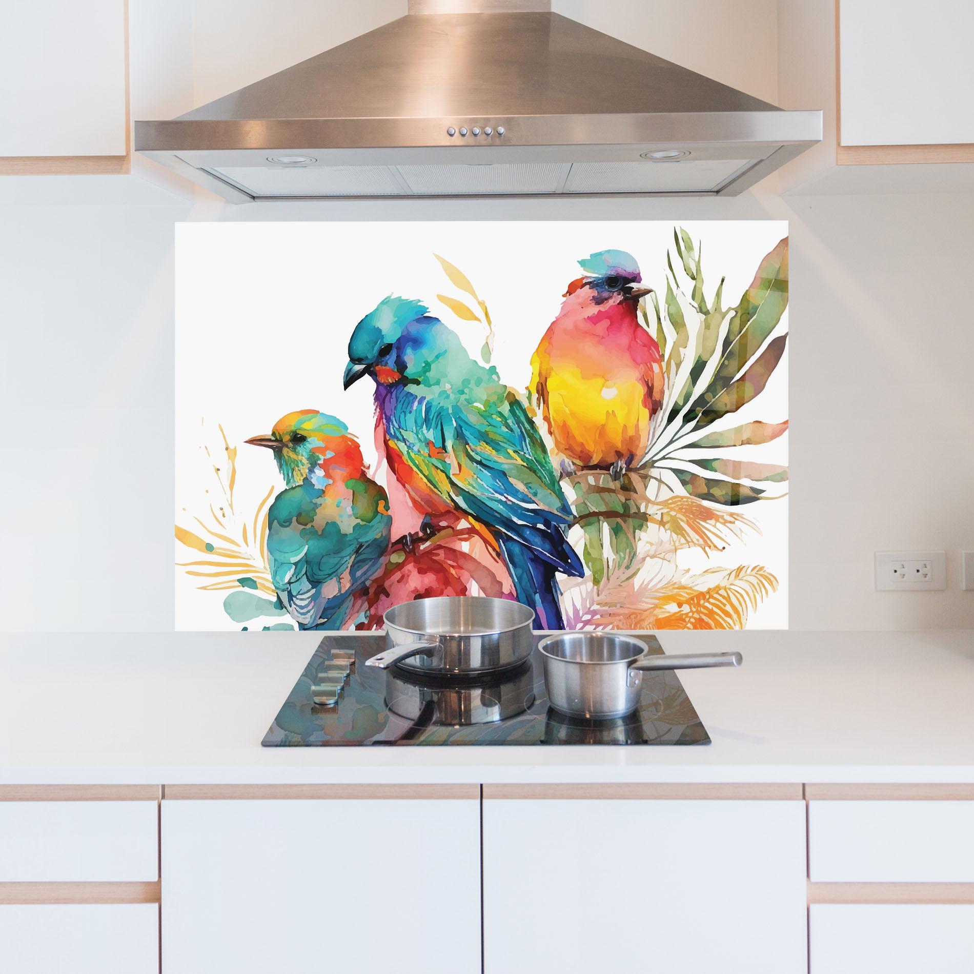 Panou Sticla Bucatarie Colorful Birds mockup 5