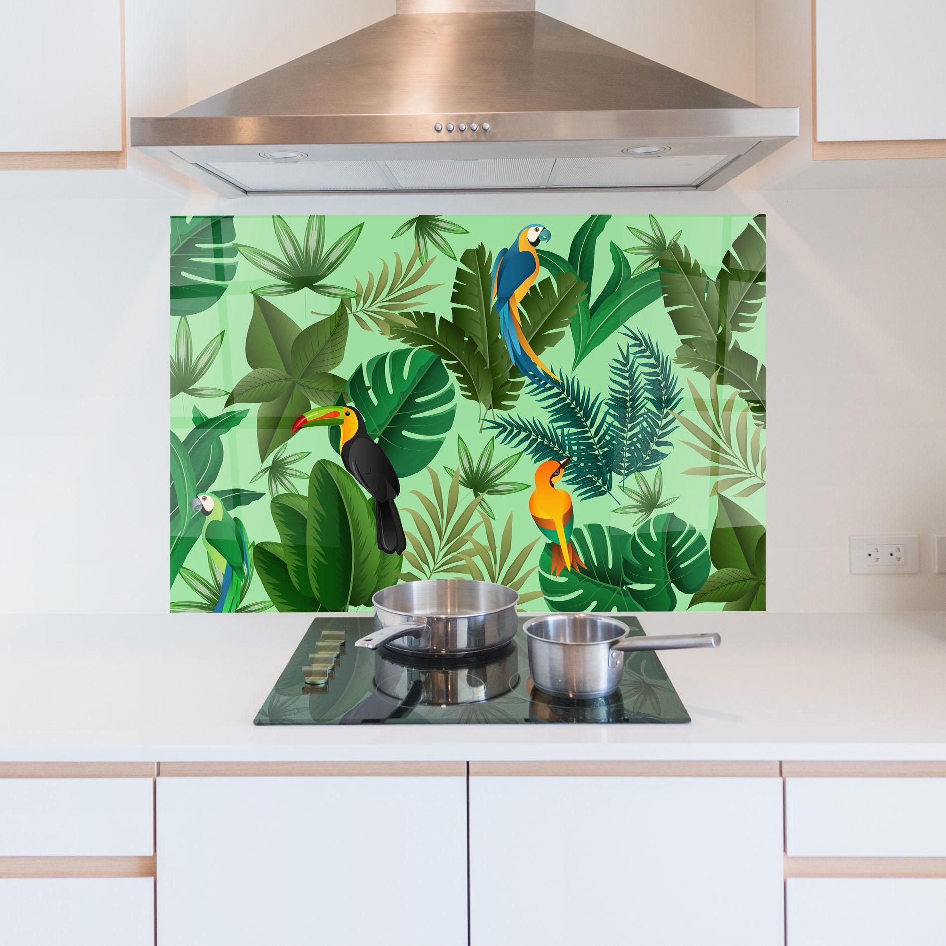 Panou Sticla Bucatarie Green Jungle Birds mockup 5