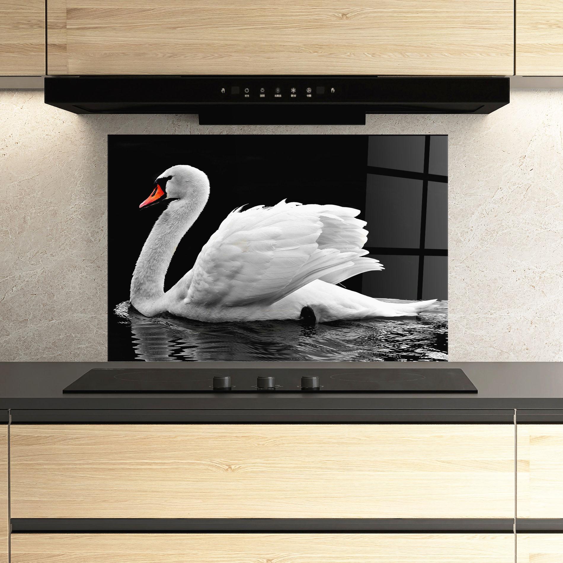 Panou Sticla Bucatarie Black And White Swan mockup 3