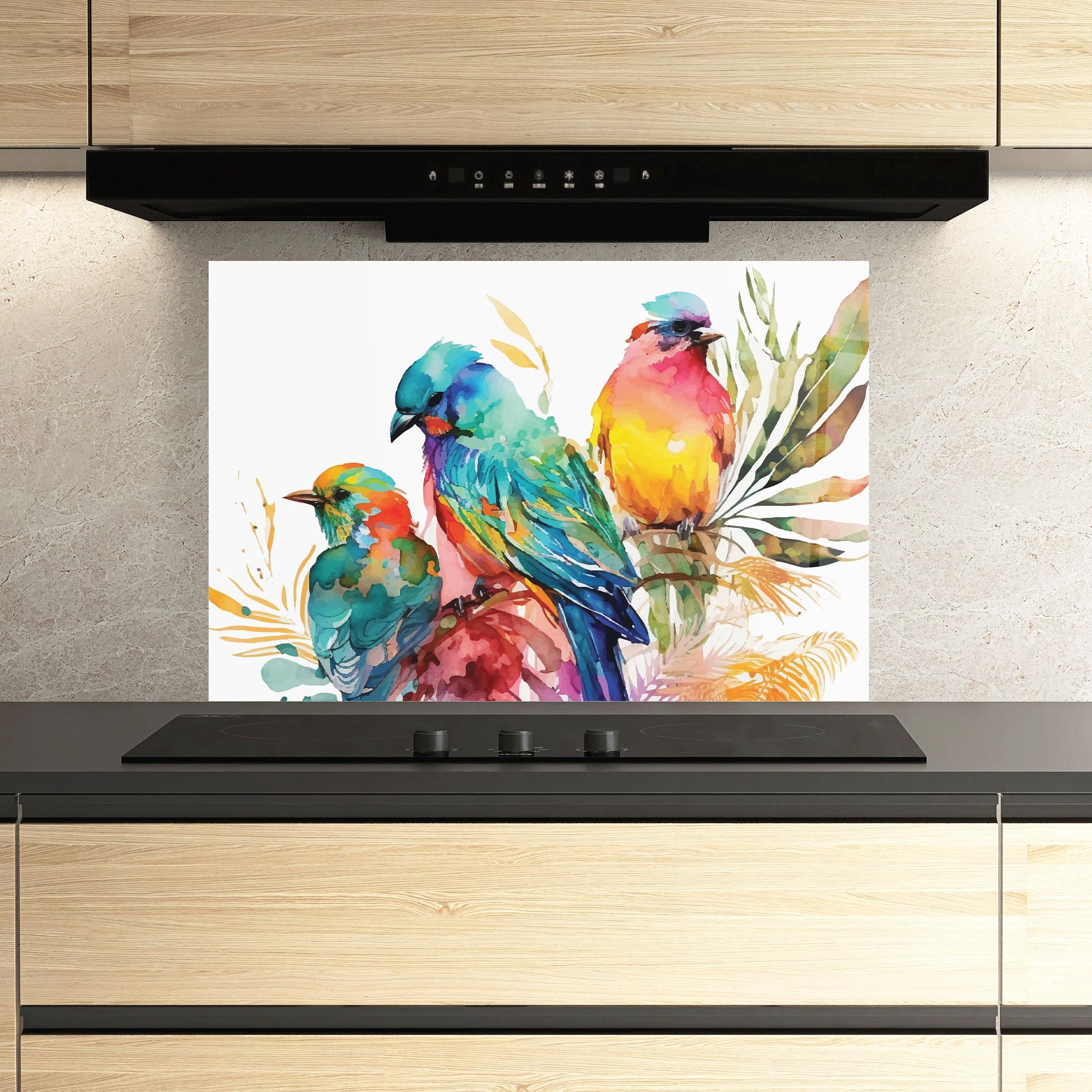 Panou Sticla Bucatarie Colorful Birds mockup 3