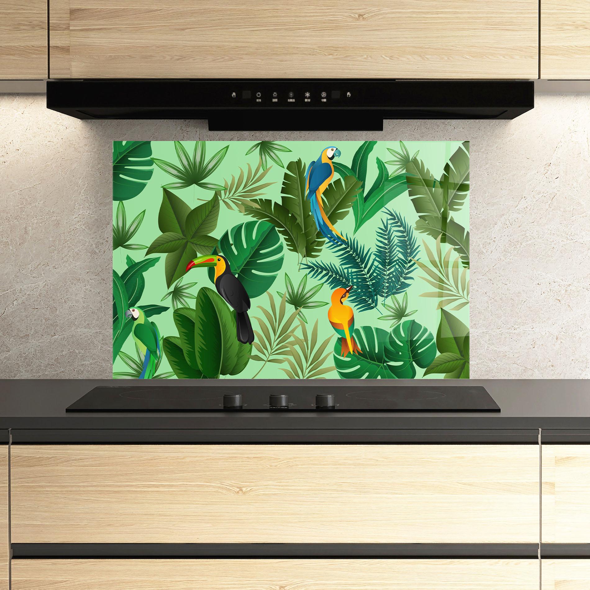 Panou Sticla Bucatarie Green Jungle Birds mockup 3