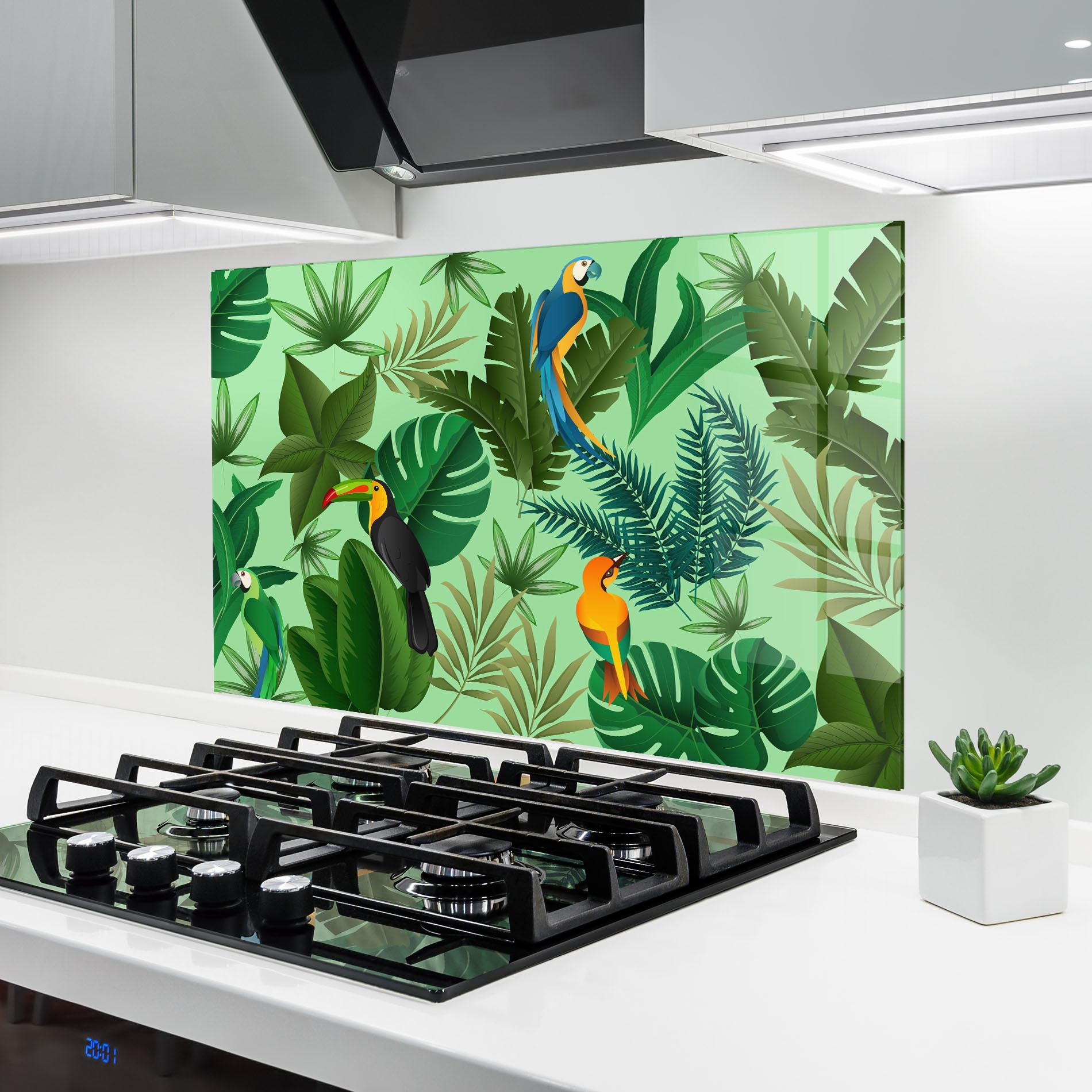 Panou Sticla Bucatarie Green Jungle Birds mockup 6