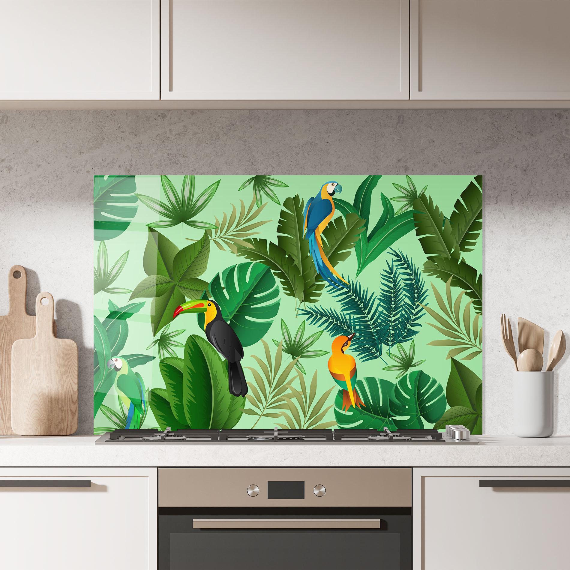 Panou Sticla Bucatarie Green Jungle Birds mockup 7