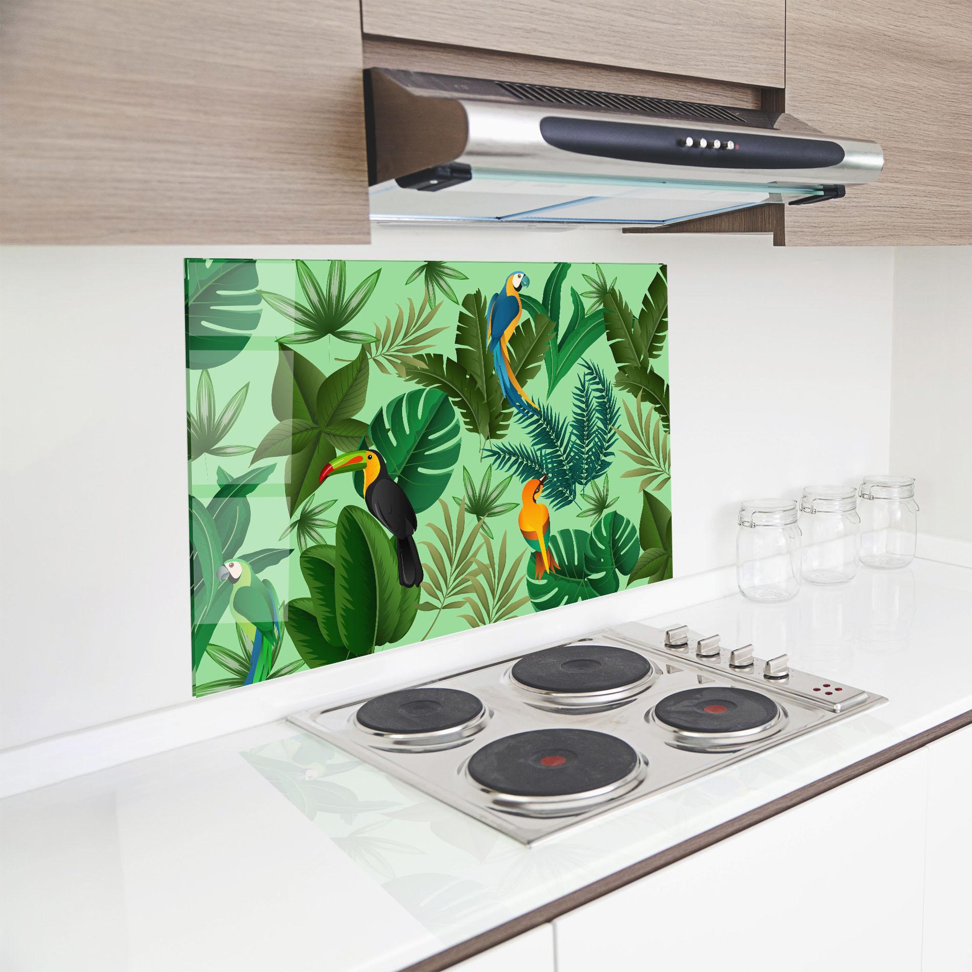Panou Sticla Bucatarie Green Jungle Birds mockup 8