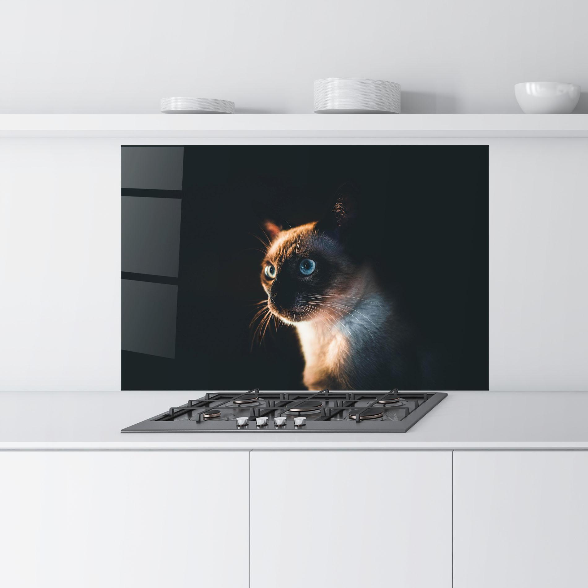 Panou Sticla Bucatarie Blue Eyes Cat In Dark mockup 9