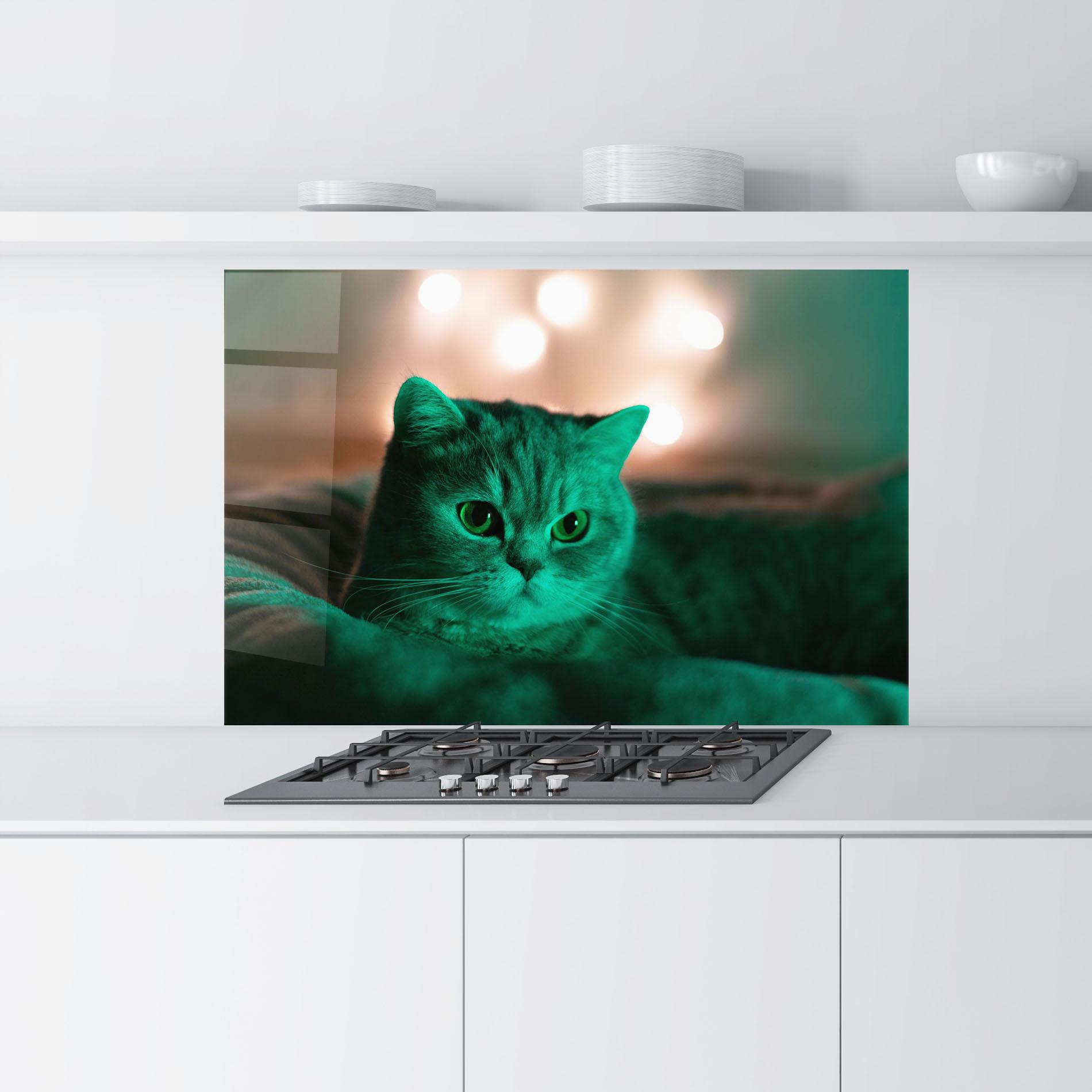 Panou Sticla Bucatarie Green Light Cat mockup 9