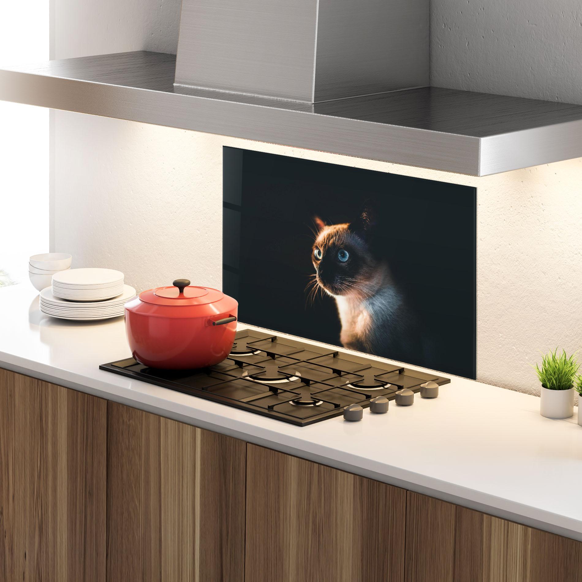 Panou Sticla Bucatarie Blue Eyes Cat In Dark mockup 4