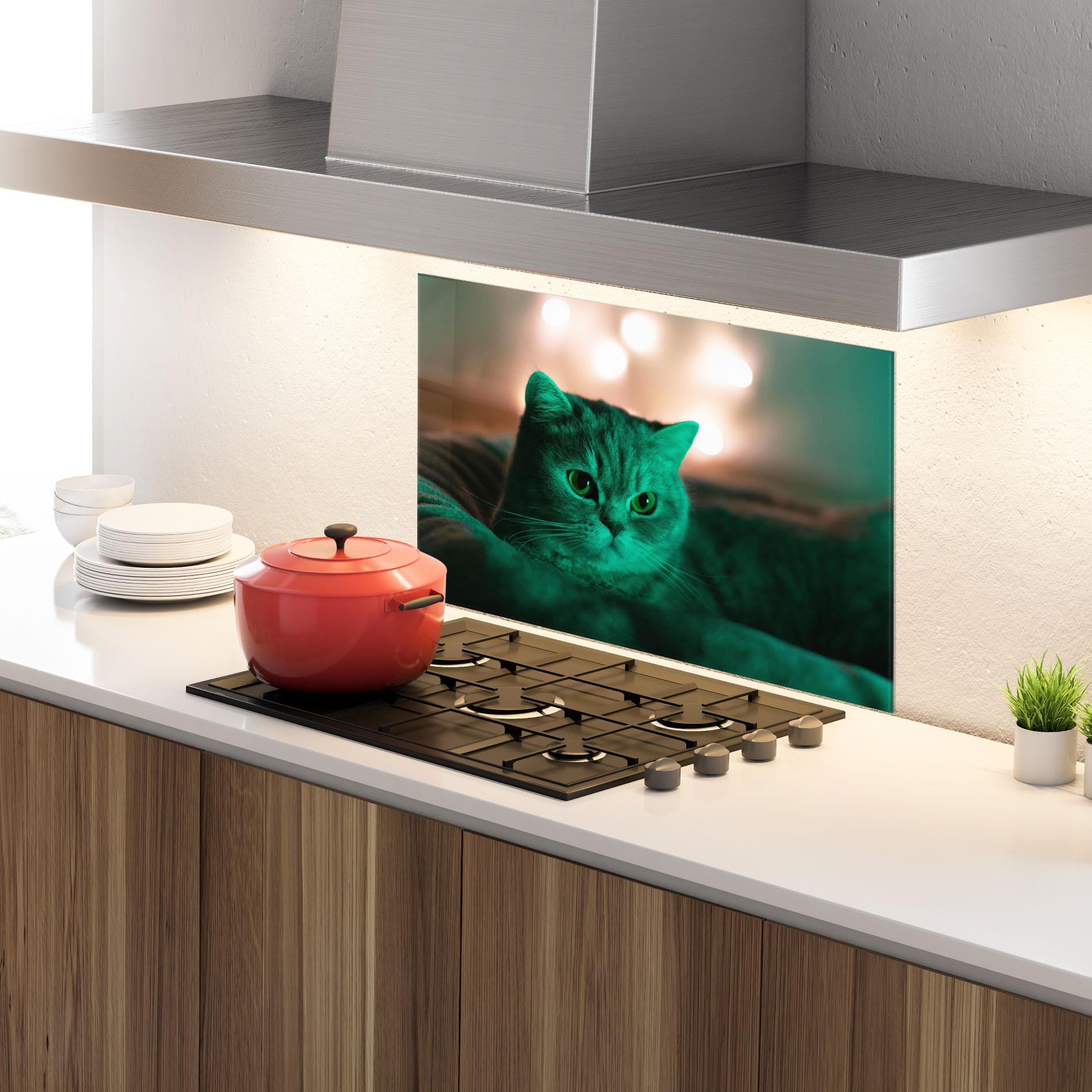 Panou Sticla Bucatarie Green Light Cat mockup 4