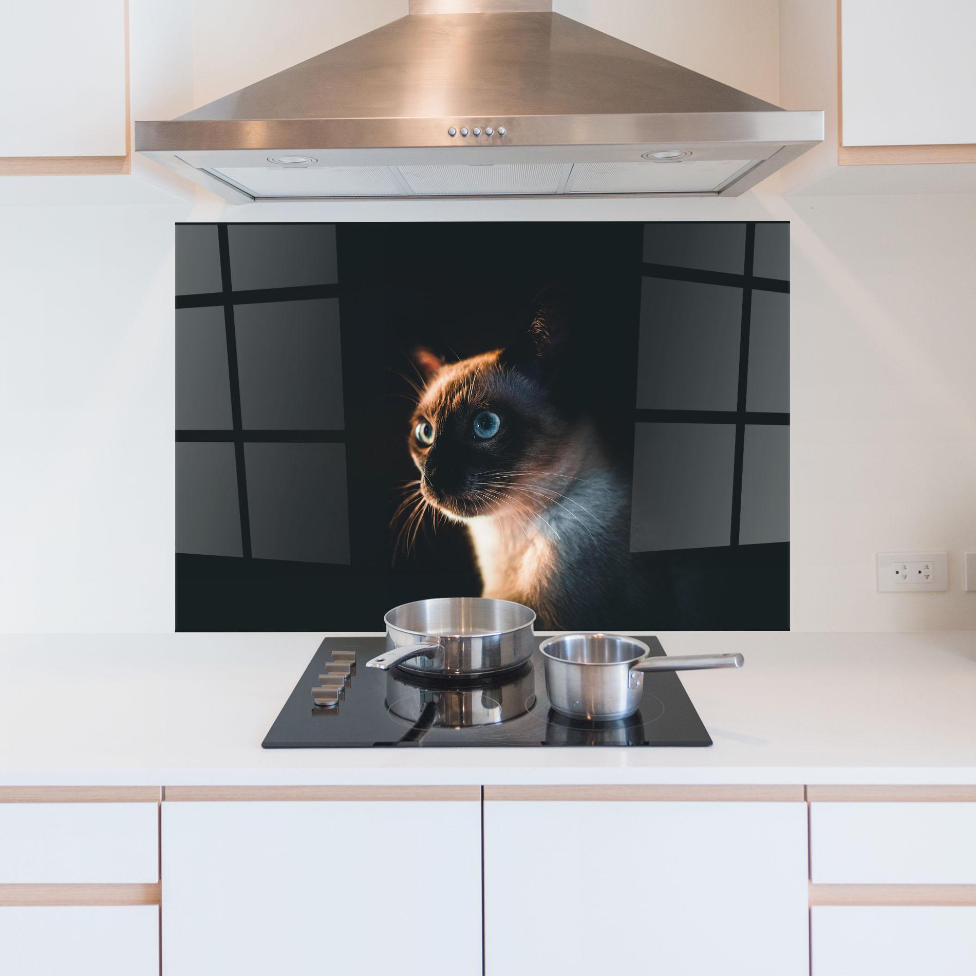 Panou Sticla Bucatarie Blue Eyes Cat In Dark mockup 5