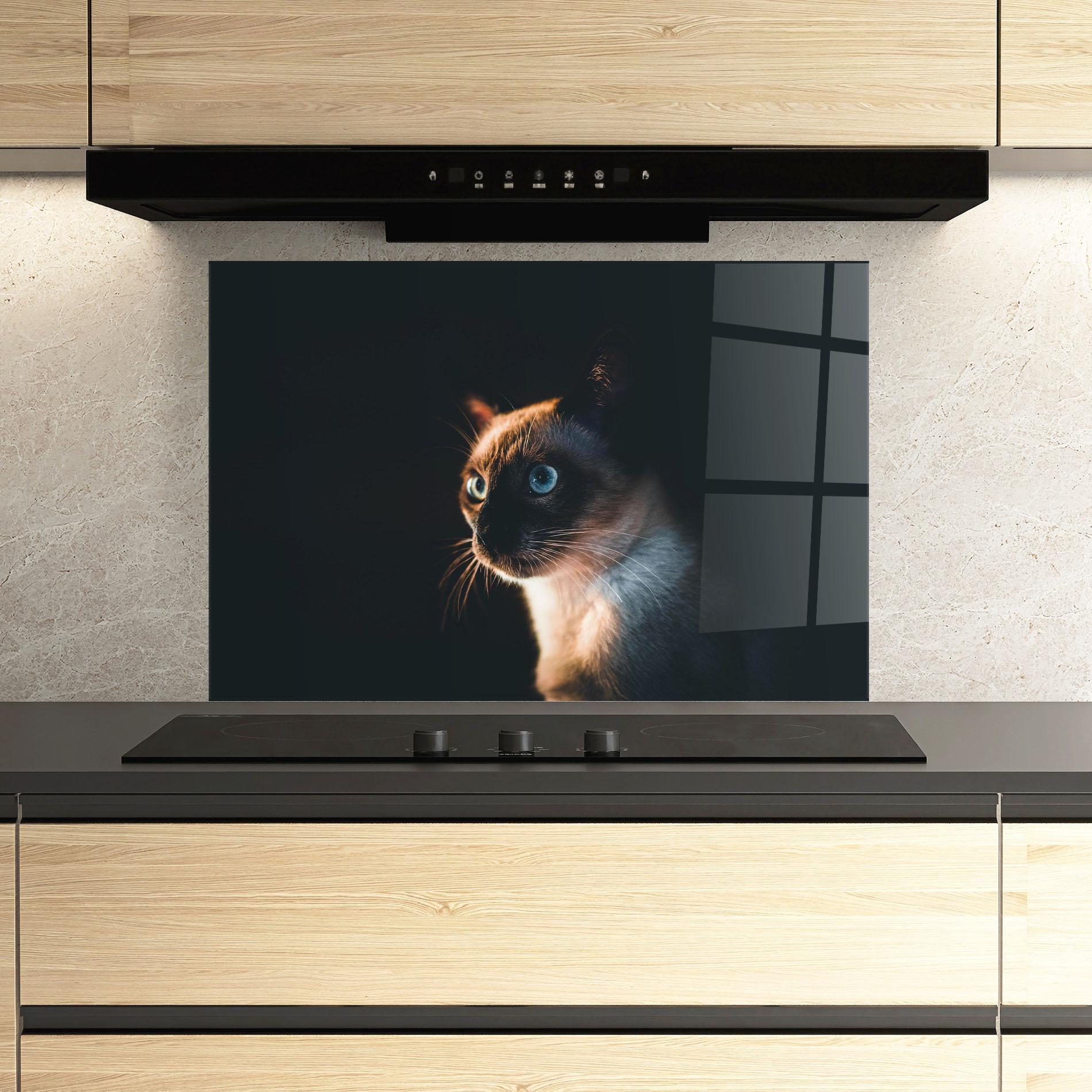 Panou Sticla Bucatarie Blue Eyes Cat In Dark mockup 3