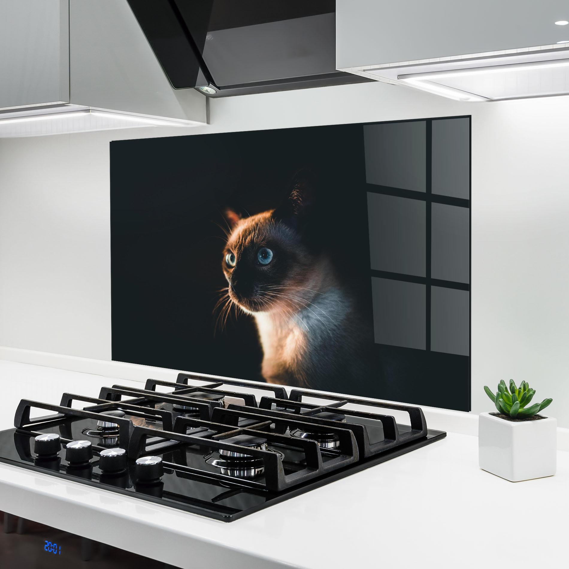 Panou Sticla Bucatarie Blue Eyes Cat In Dark mockup 6