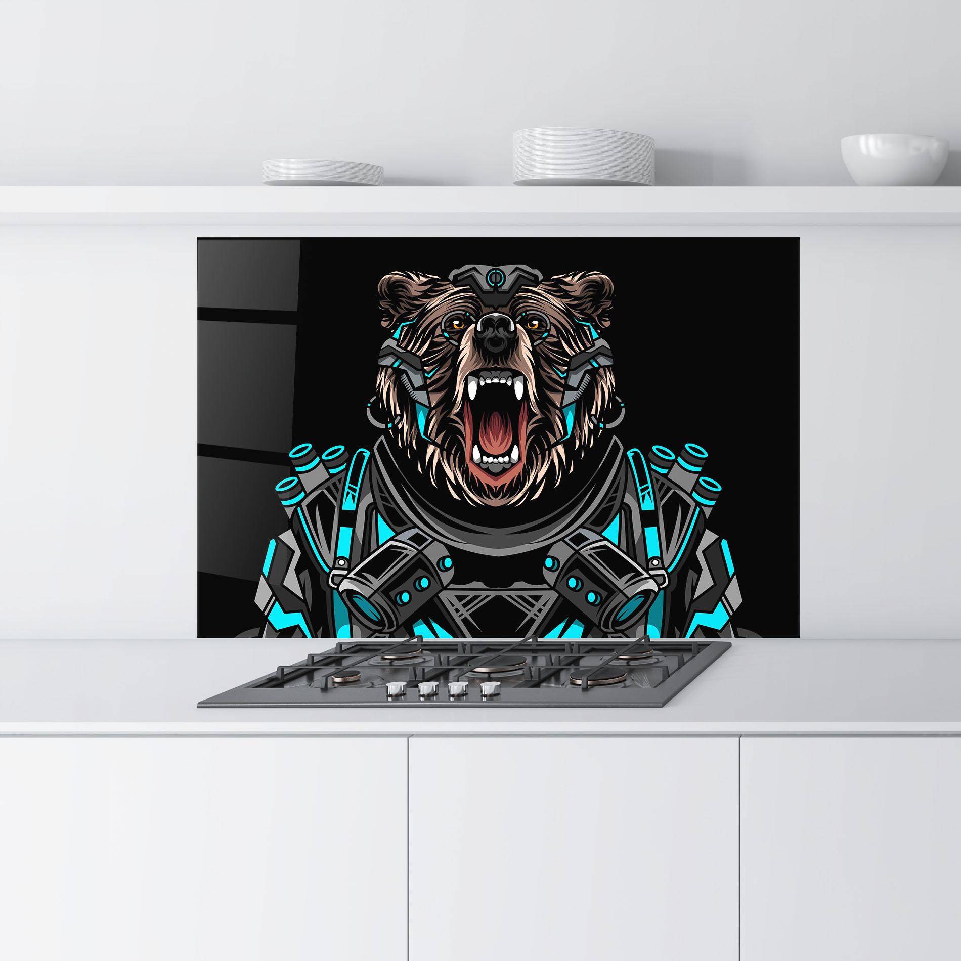 Panou Sticla Bucatarie Black Cyborg Bear mockup 9